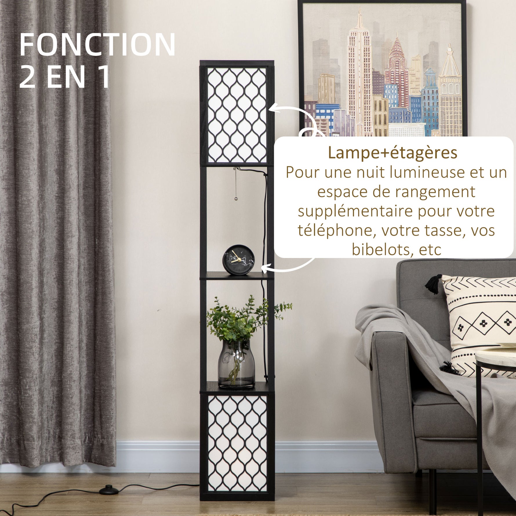 Lampadaire étagère 2 lampes 2 étagères 4 niveaux MDF noir motif nid d'abeille 26 x 26 x 156 cm noir