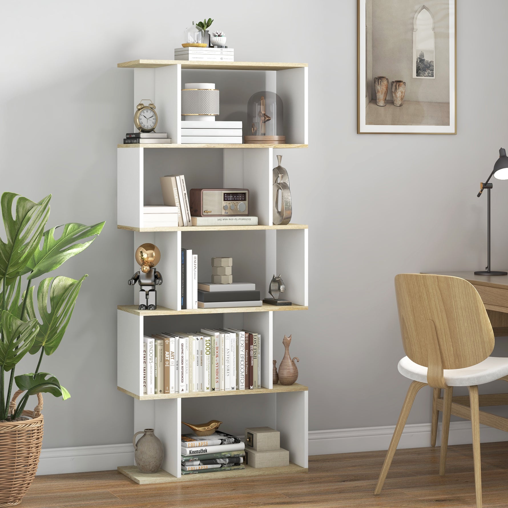 Bibliothèque style scandinave meuble de rangement 5 étagères anti-basculement Charge 25 kg aspect bois & Blanc
