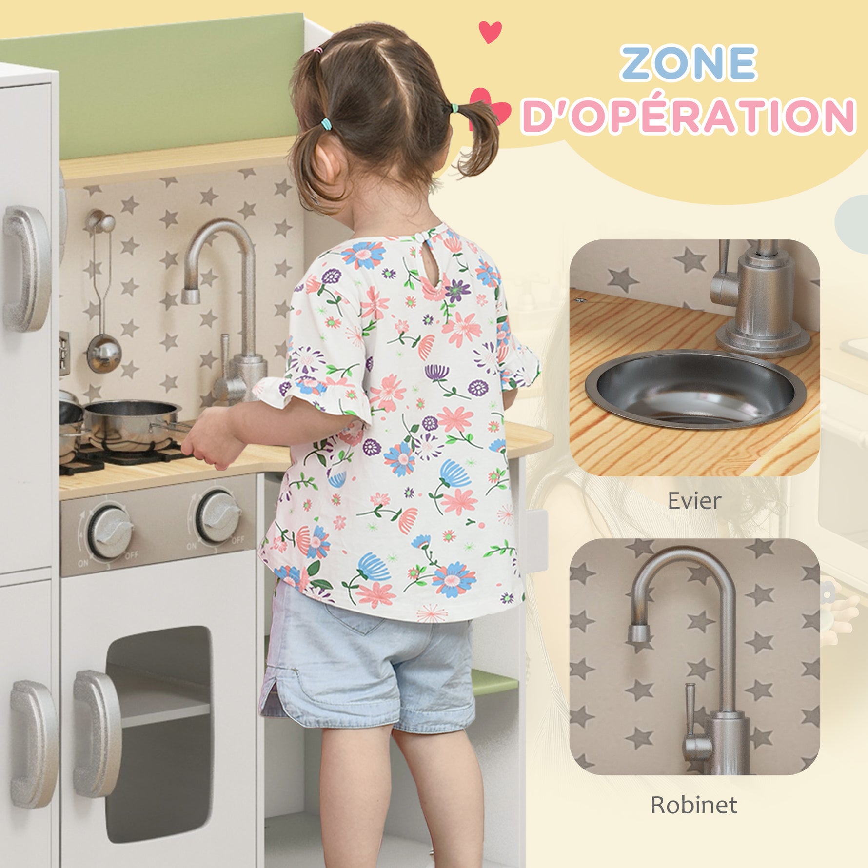 Cuisine enfant 3-8 ans jeu d'imitation avec machine à glaçons, évier mobile en acier inoxydable 84 x 34 x 89 cm blanc
