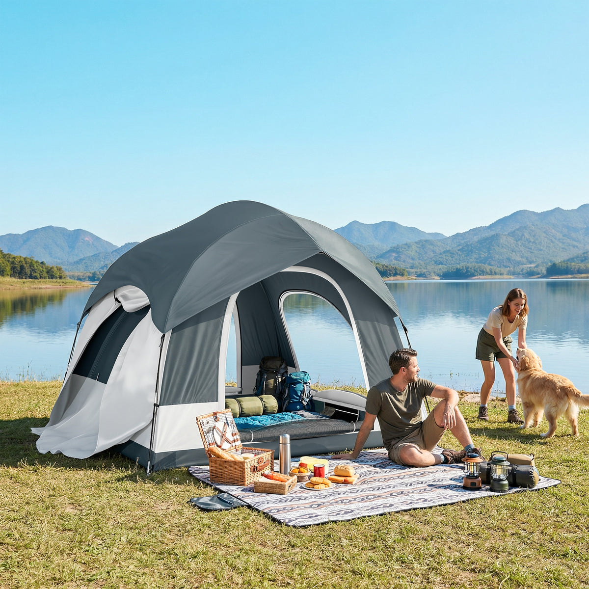 Easy-to-Assemble 2-4 Person Camping Tent with 3 Doors, Waterproof, SUV-Compatible, Dark Blue