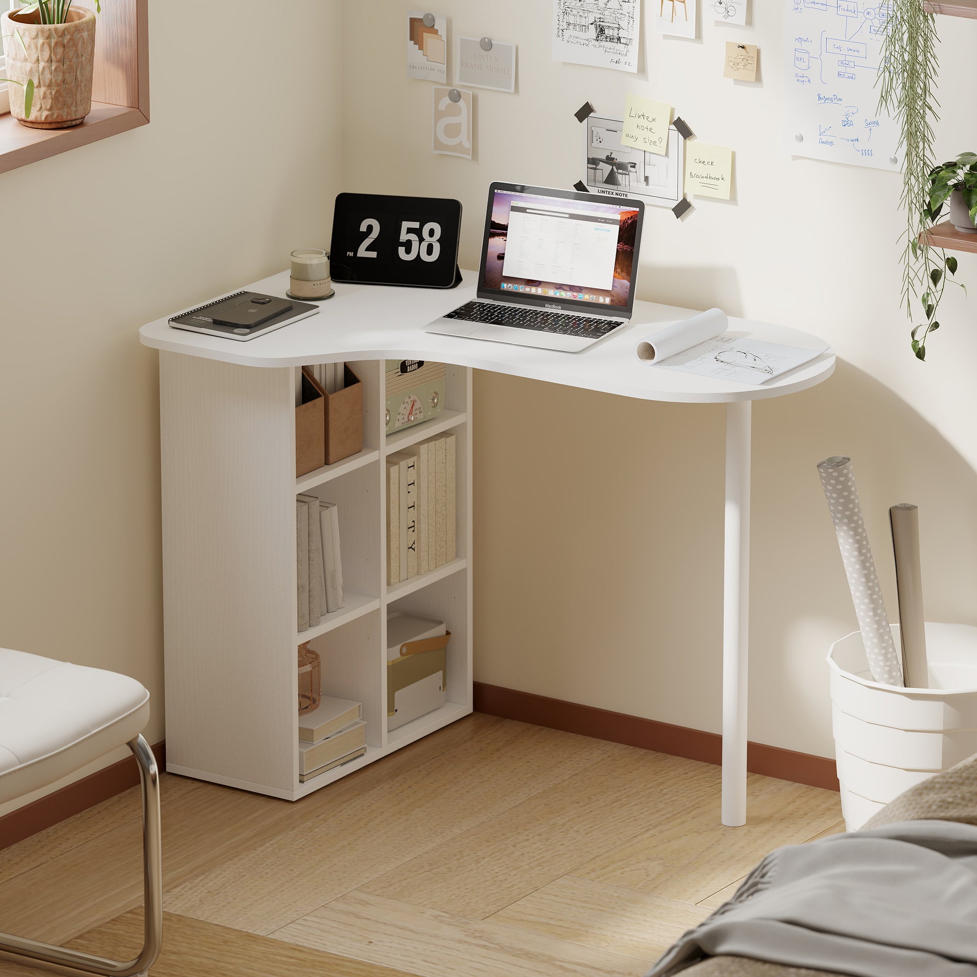 Bureau irrégulier table d'ordinateur 100 x 59 cm avec 6 compartiments, 4 étagères réglables et cadre en acier, blanc
