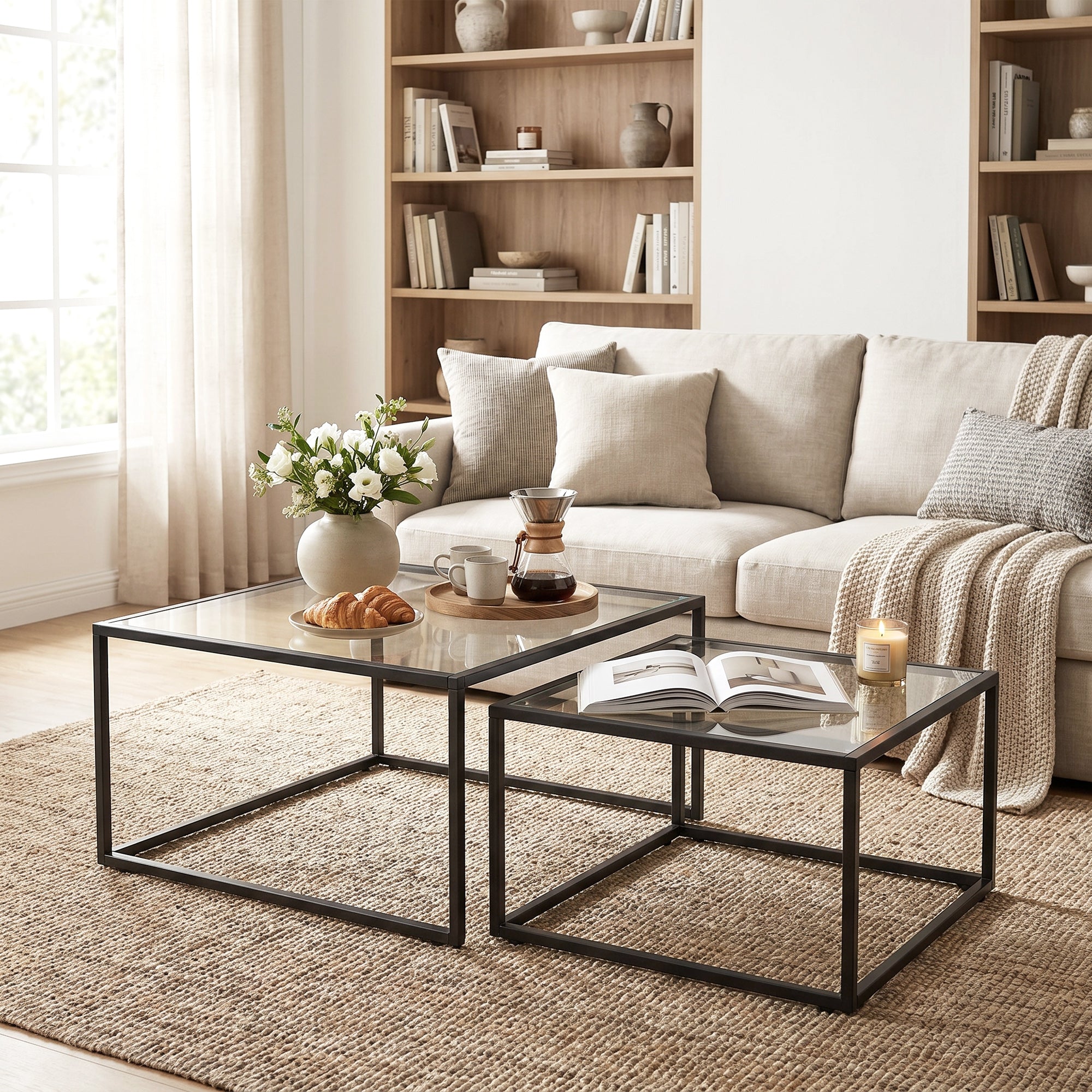 Lot de 2 tables basses gigognes, table de salon avec plateau en verre trempé et structure en métal, noir