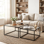 Lot de 2 tables basses gigognes, table de salon avec plateau en verre trempé et structure en métal, noir