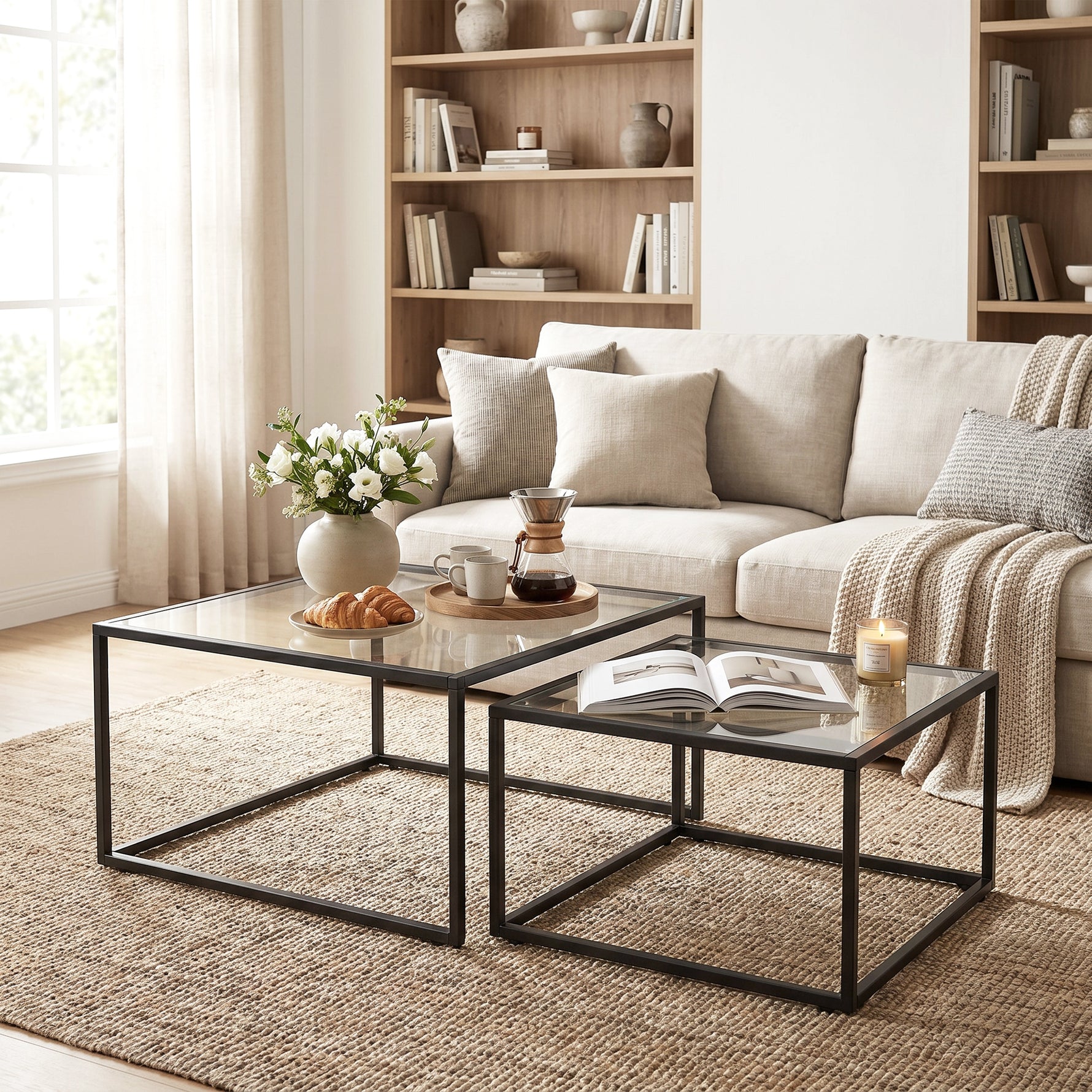 Lot de 2 tables basses gigognes, table de salon avec plateau en verre trempé et structure en métal, noir