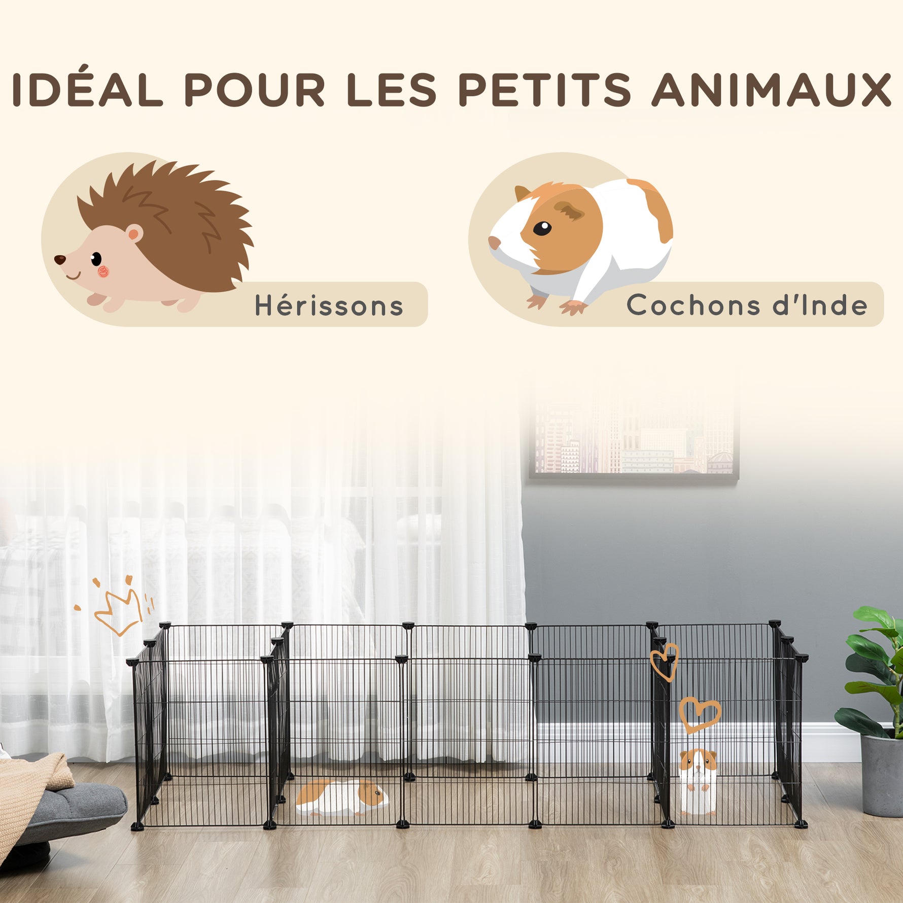 Lot de 2 enclos parc modulable pour petits animaux lapins rongeurs chiots 36 panneaux en fil d'acier 4 portes noir