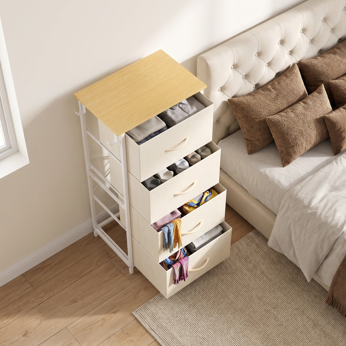 Commode 4 tiroirs en tissu, meuble de rangement avec 4 poches, 2 crochets, structure en acier, 45 x 30 x 94,5 cm, Beige