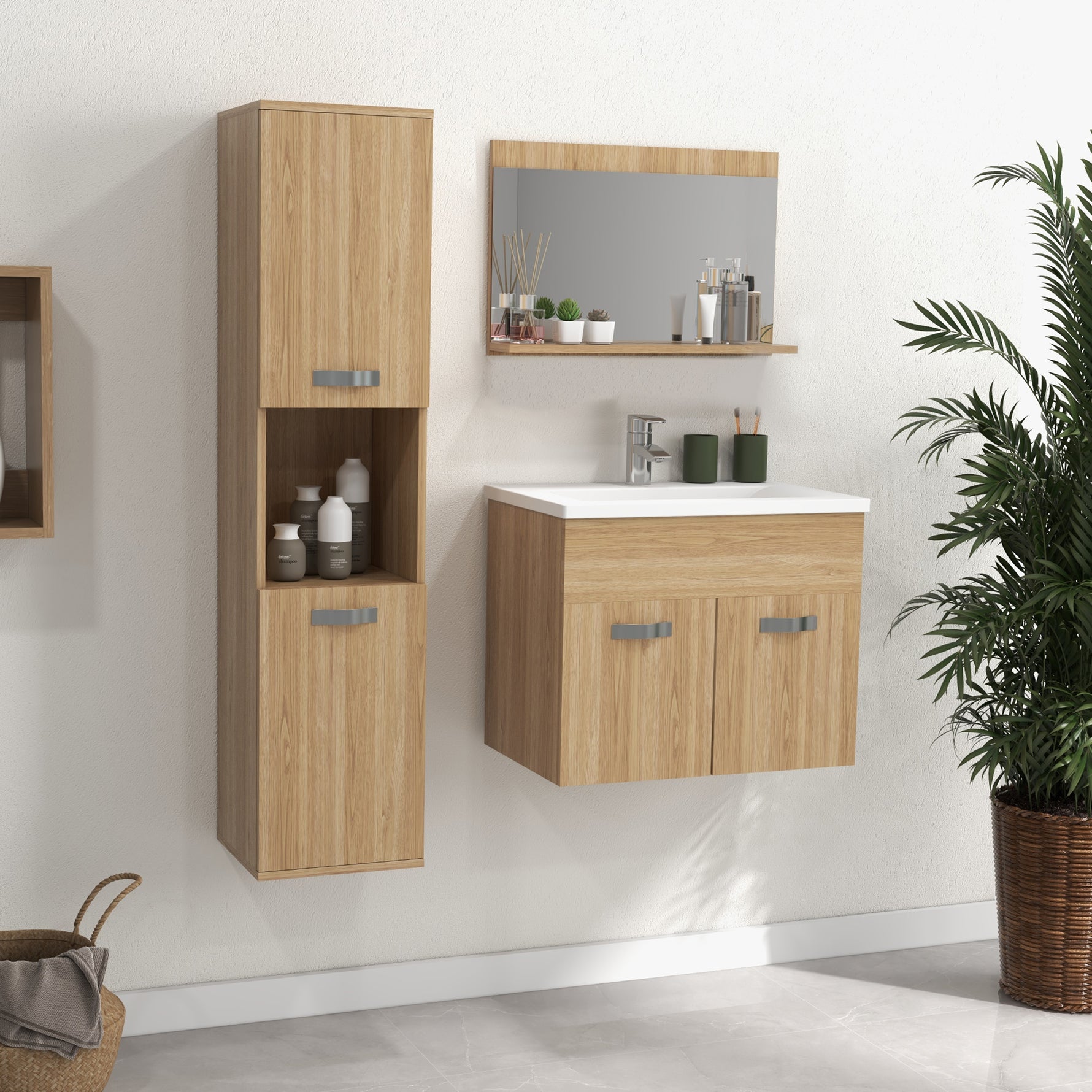 Ensemble de Meubles de Salle de Bain 4 Pièces, Mural, avec Miroir, Meuble sous Vasque, Lavabo et Armoire Haute, Naturel