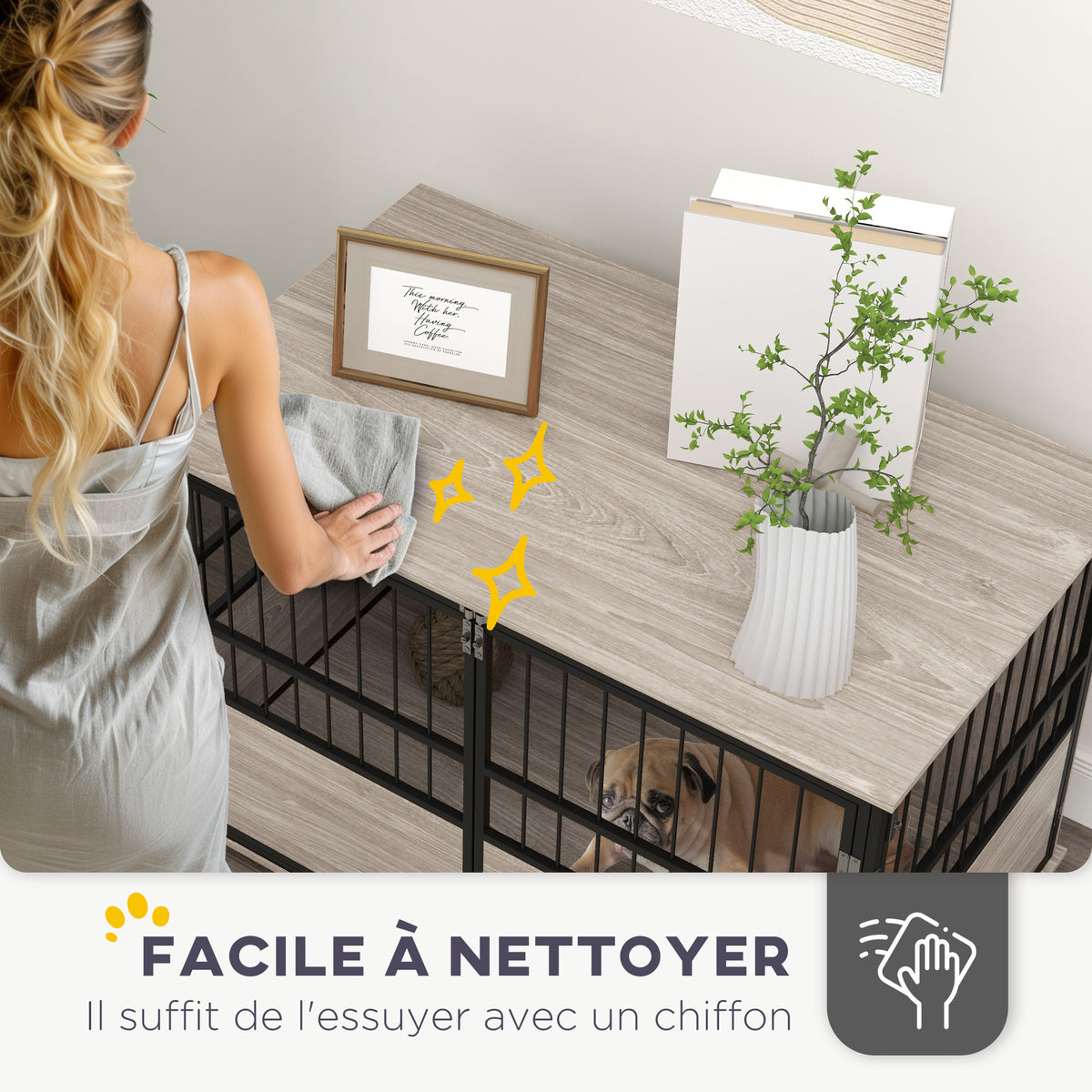 Cage pour chien intérieur, table d'appoint, 100 x 60 x 68 cm, niche, 3 portes verrouillables,  aspect bois noir