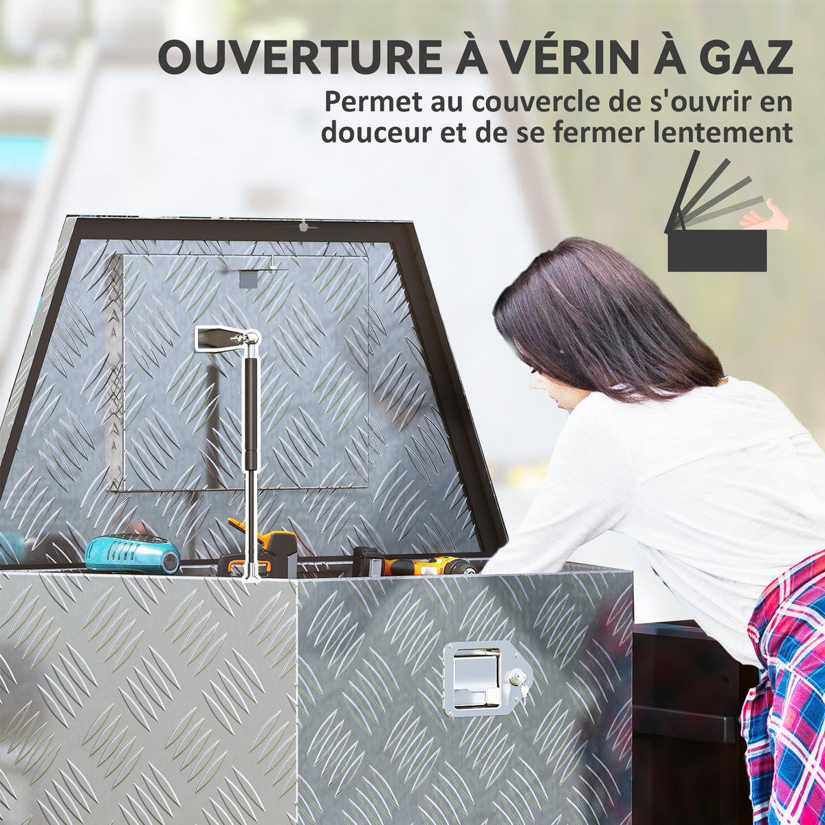 Caja de herramientas para remolque, caja de almacenamiento de aluminio bloqueable, forma trapezoidal, 73,7 x 41 x 46 cm, plateada