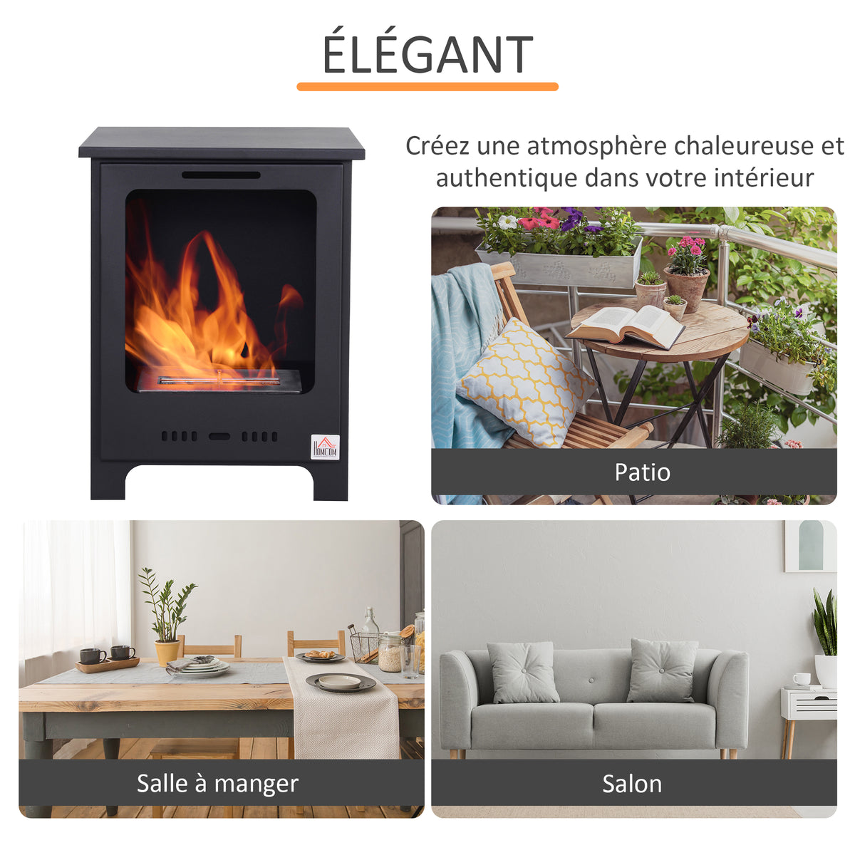 Cheminée bioéthanol sur Pieds brûleur 0,9 L, 3h de durée de combustion Style néo-rétro poêle dim. 40L x 30l x 50H cm Couverture 20-25 m² Noir