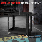 Chariot d'atelier servante atelier à 2 niveaux avec poignée latérale pour garage, entrepôt, outils de bricolage, noir