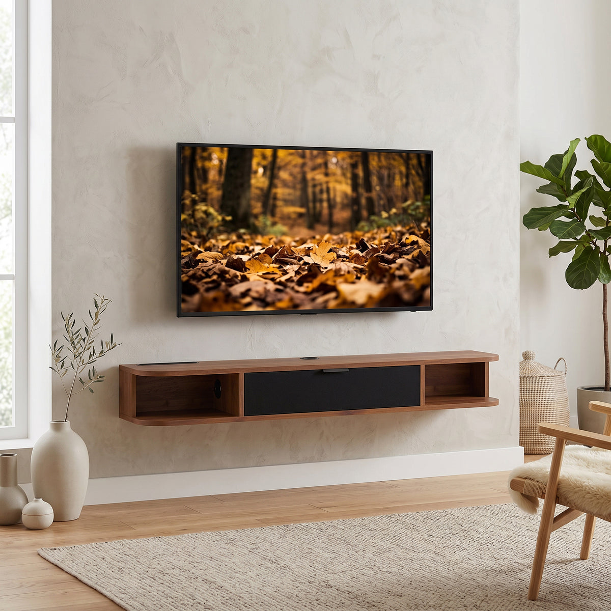 Meuble TV Suspendu, Meuble Télé pour Téléviseur jusqu'à 50 Pouces, Tiroir Rabattable, 2 Étagères, 120x24x16cm, Noyer