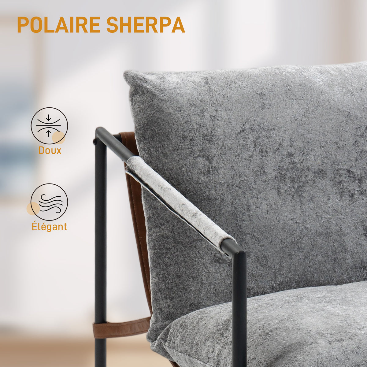 Fauteuil salon, fauteuil d'appoint rembourré en velours imprimé, large assise et structure en acier, 77x91x80cm, gris