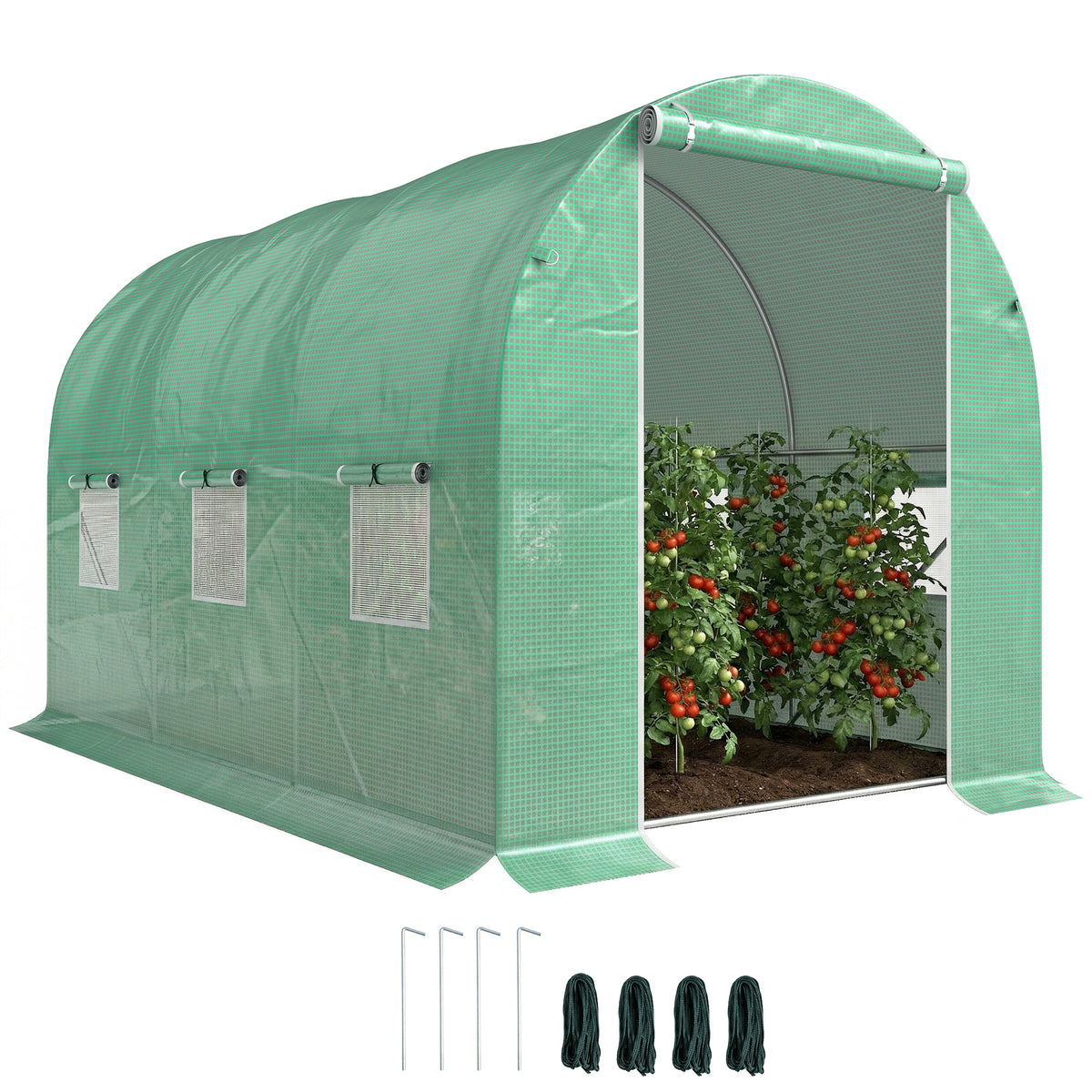 Serre de Jardin Tunnel Surface Sol 6 m² 3L x 2l x 2H m acier Porte zippée 6 fenêtres enroulables Vert