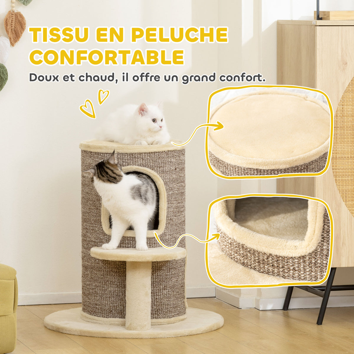 Tonneau à gratter tour à griffer pour chat 2 niveaux avec plate-forme parfait pour griffes & jeu 60 x 60 x 61 cm beige