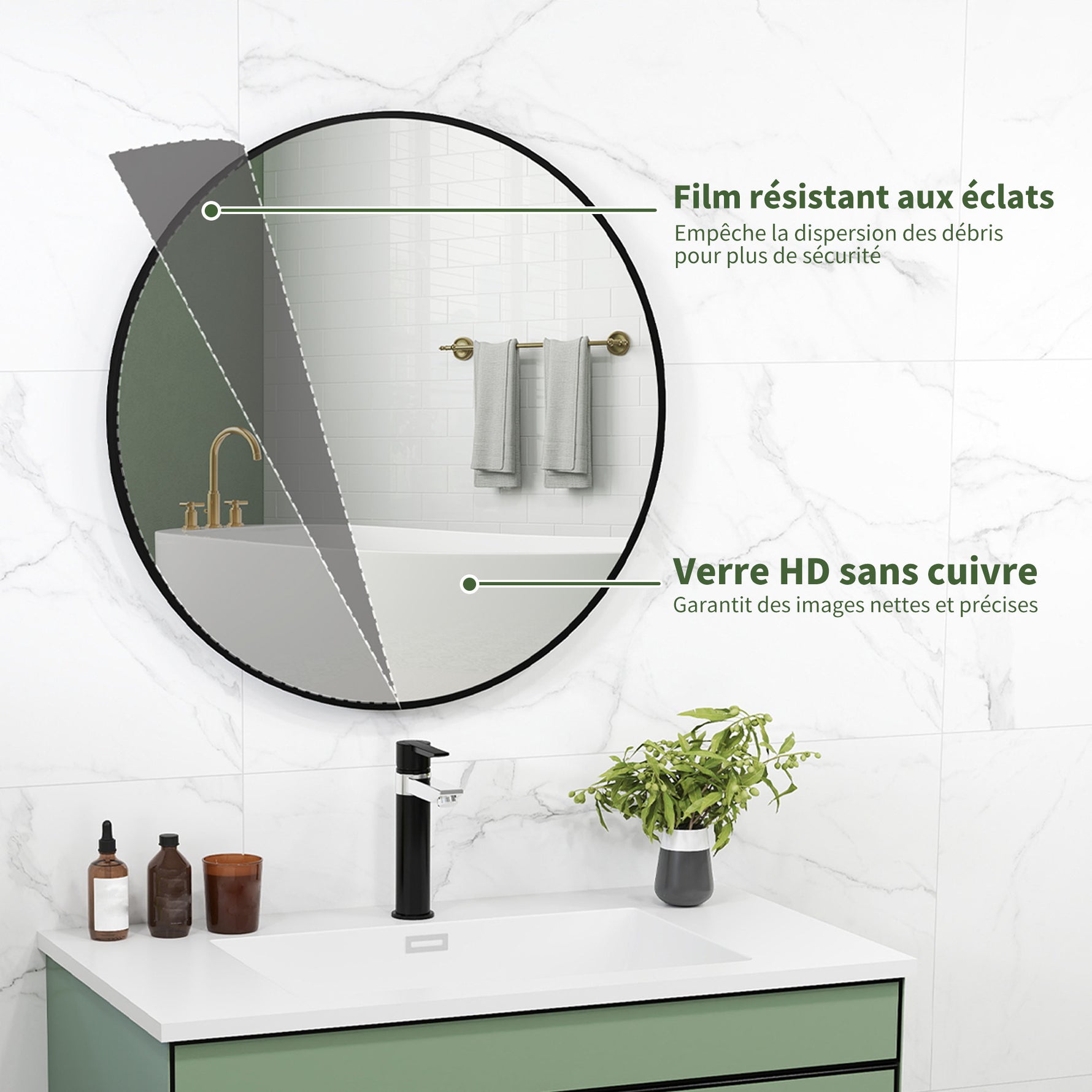 Miroir rond miroir salle de bain cadre en métal facile à installer, pour chambre, salon, entrée, Ø 70 x 2,5 cm noir
