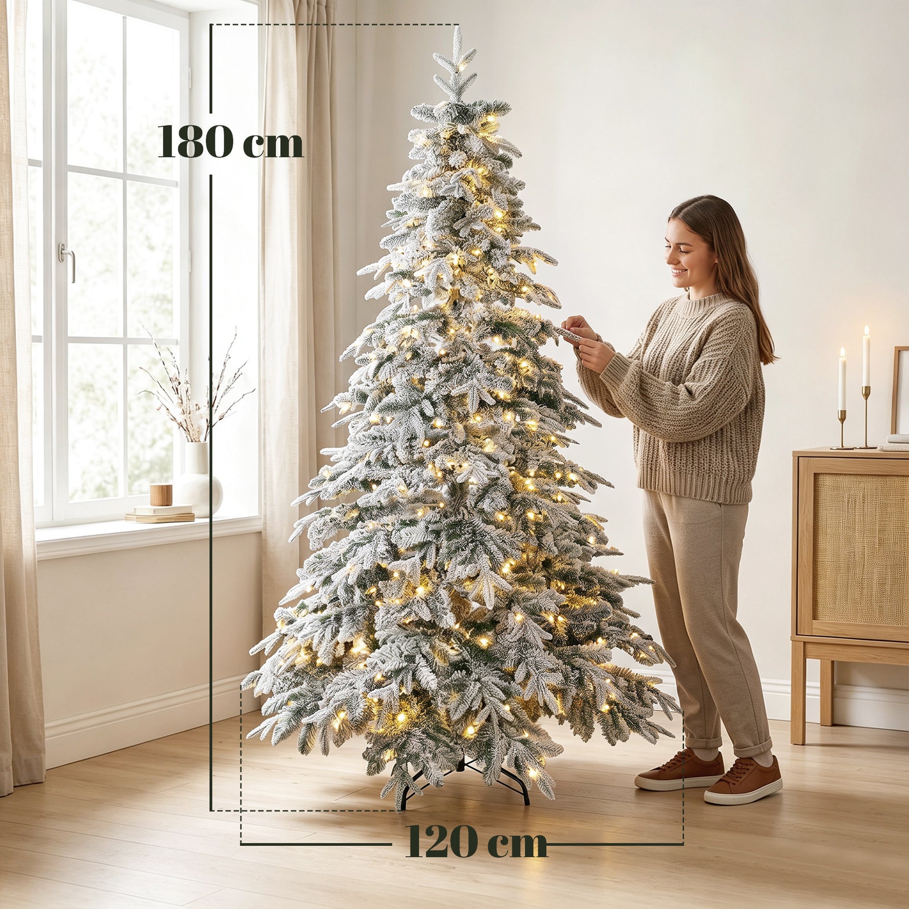 Sapin de Noël Artificiel 180 cm Arbre de Noël Lumineux Enneigé, Branches Articulées, Lumière 350 LEDs, Vert et Blanc