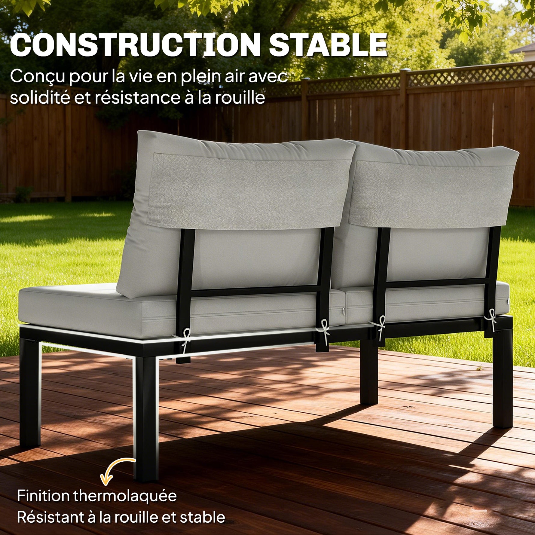 Salon de Jardin Modulaire 6 Pièces Ensemble Canapé Extérieur Transformable en Lit Table Basse et Plateaux Latéraux Gris