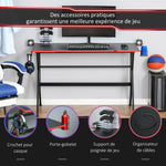 Bureau gaming racing bureau gamer bureau informatique bracket supports casque enceintes porte-gobelet métal plateau MDF texture carbone rouge noir