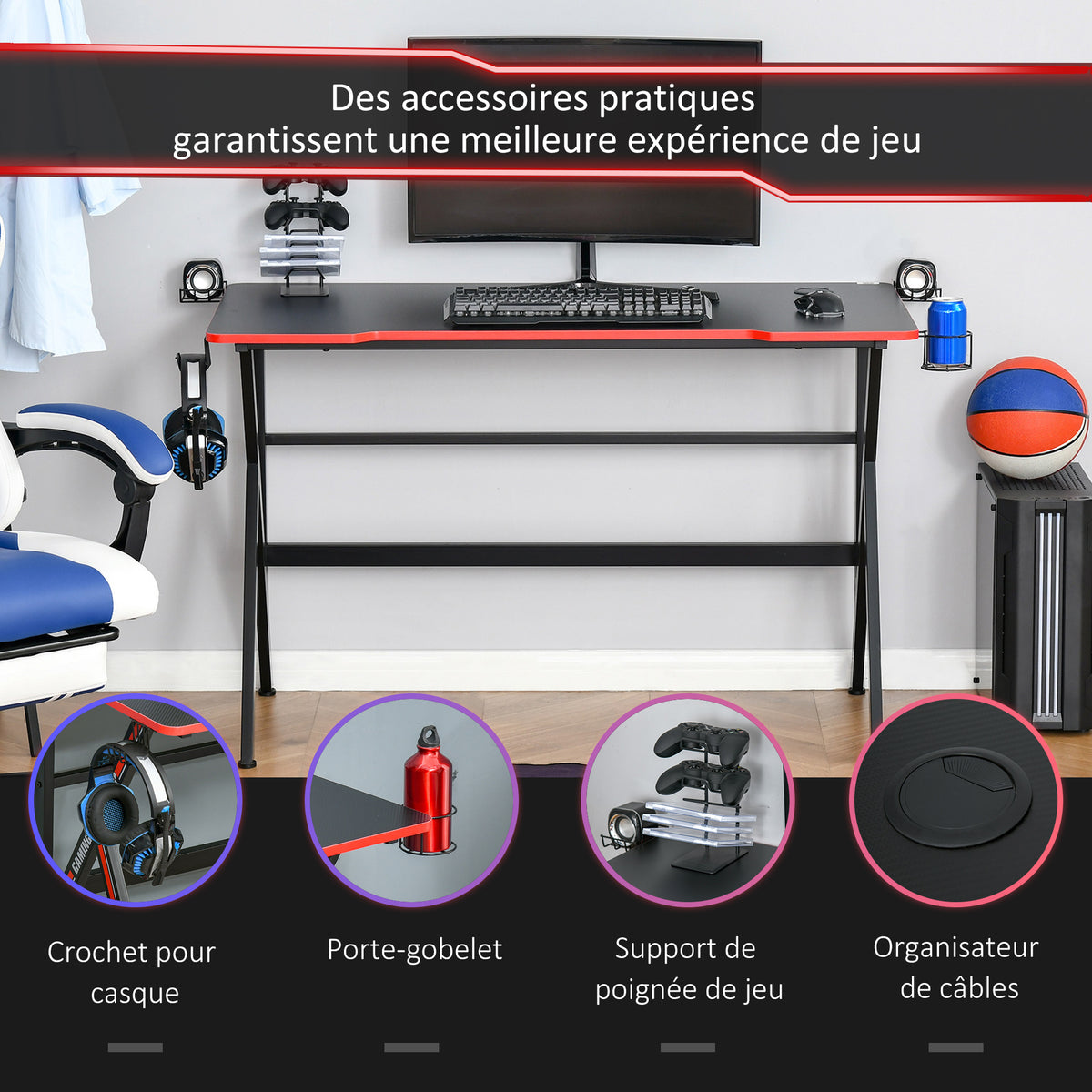 Bureau gaming racing bureau gamer bureau informatique bracket supports casque enceintes porte-gobelet métal plateau MDF texture carbone rouge noir