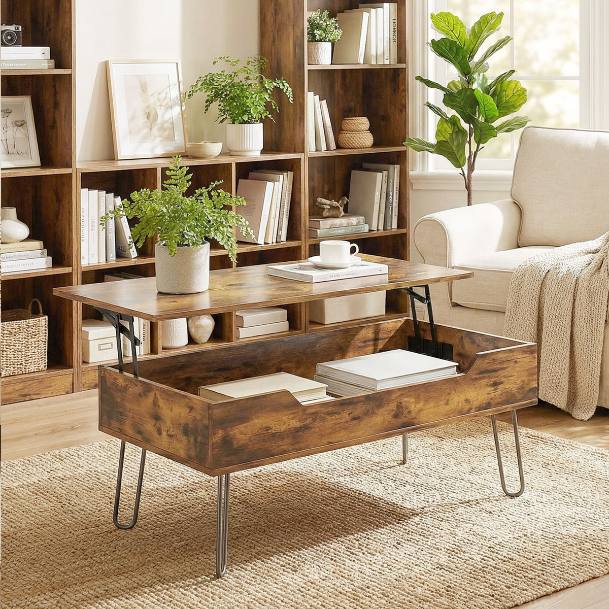 Table Basse Relevable en Bois avec Grand Rangement Caché, Hauteur Réglable, 95 x 50 x 40 cm, Marron Rustique