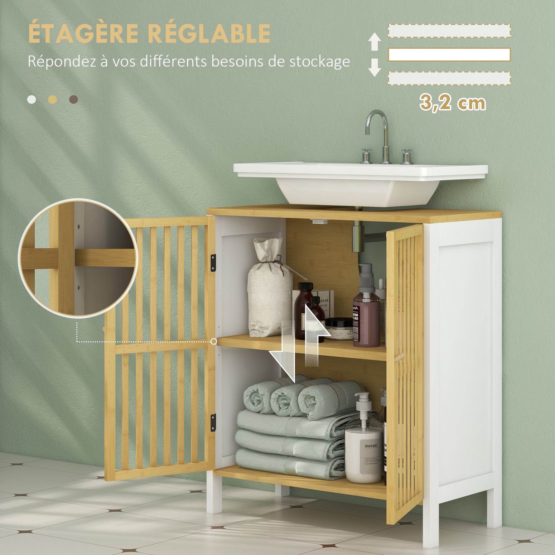 Meuble sous vasque 2 portes avec étagère réglable armoire de rangement pour lavabo 60 x 30 x 70 cm MDF et bambou