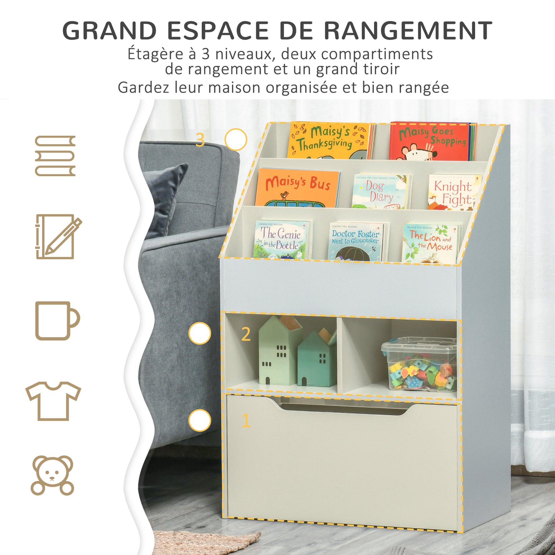 Bibliothèque étagère Multi-Rangement 3 étagères 2 niches Grand tiroir en bois Gris