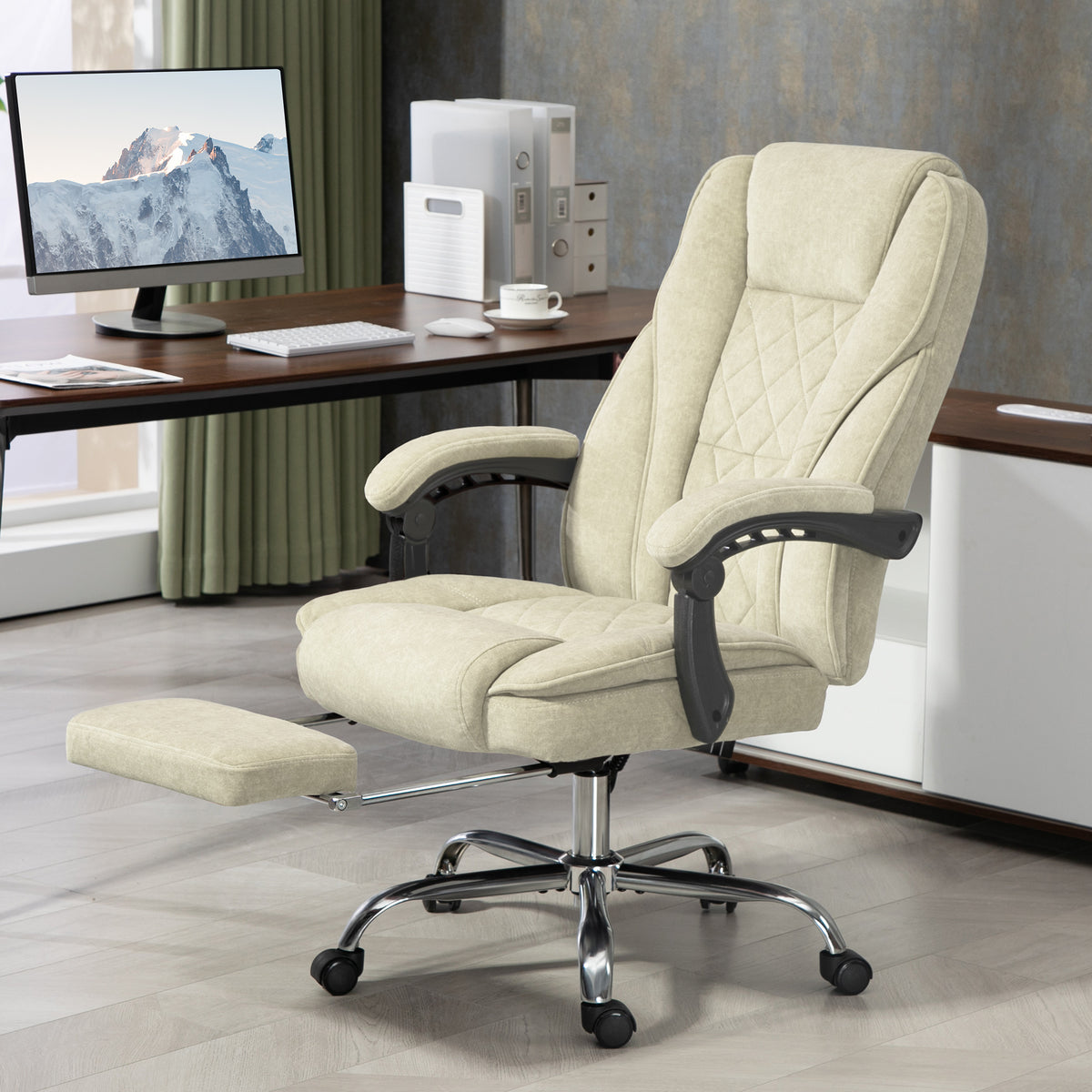 Fauteuil de bureau massant et chauffant hauteur réglable dossier inclinable télécommande repose-pieds rétractable beige