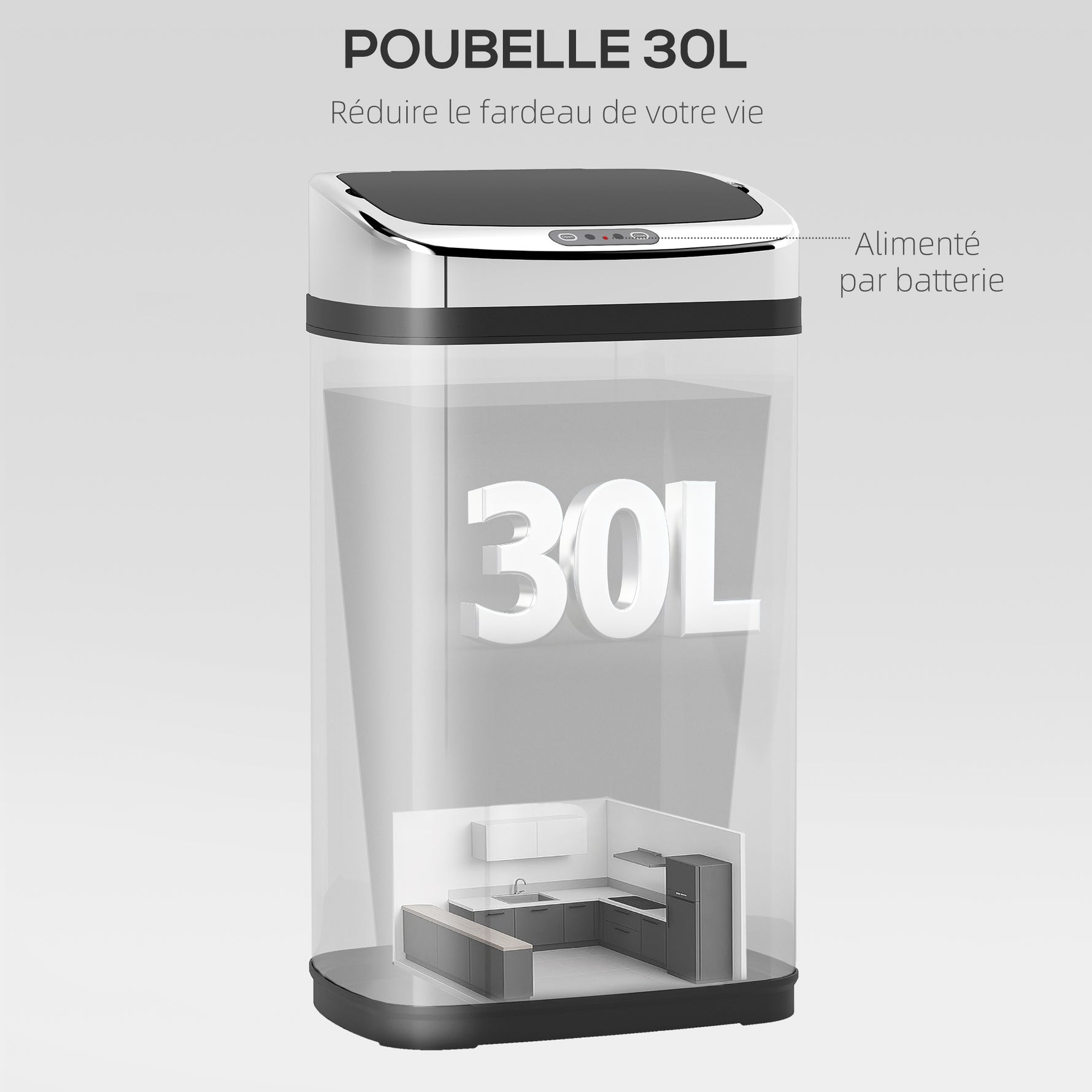 Poubelle de cuisine automatique 30L acier inoxydable, poubelle à capteur de mouvement avec couvercle, 33x25x58cm, argent