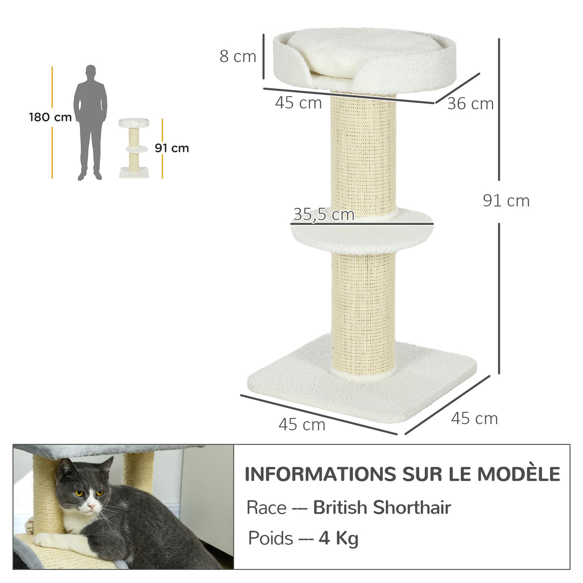 Arbre à chat avec griffoir centre d'activités 2 plateformes coussin crème