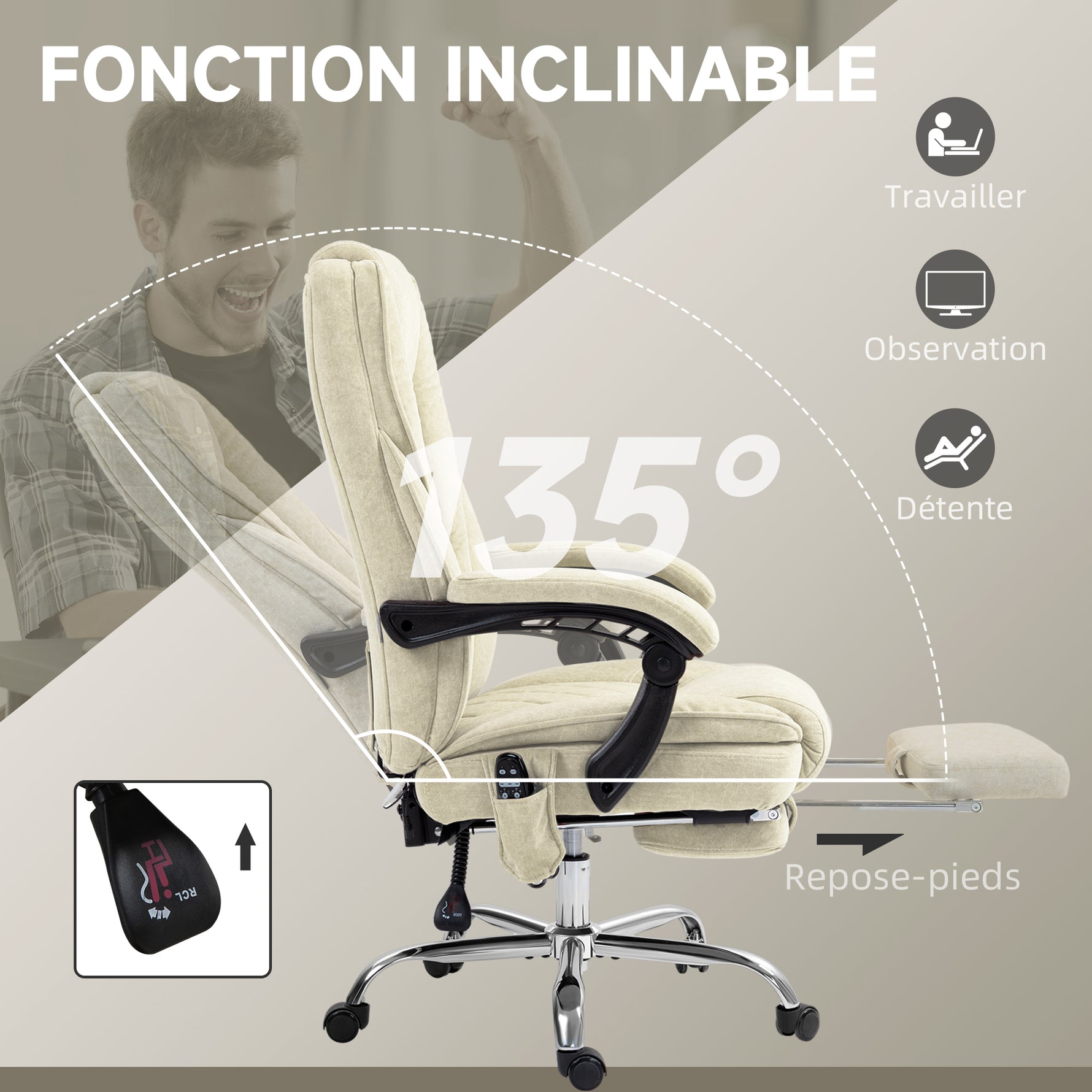 Fauteuil de bureau massant et chauffant hauteur réglable dossier inclinable télécommande repose-pieds rétractable beige