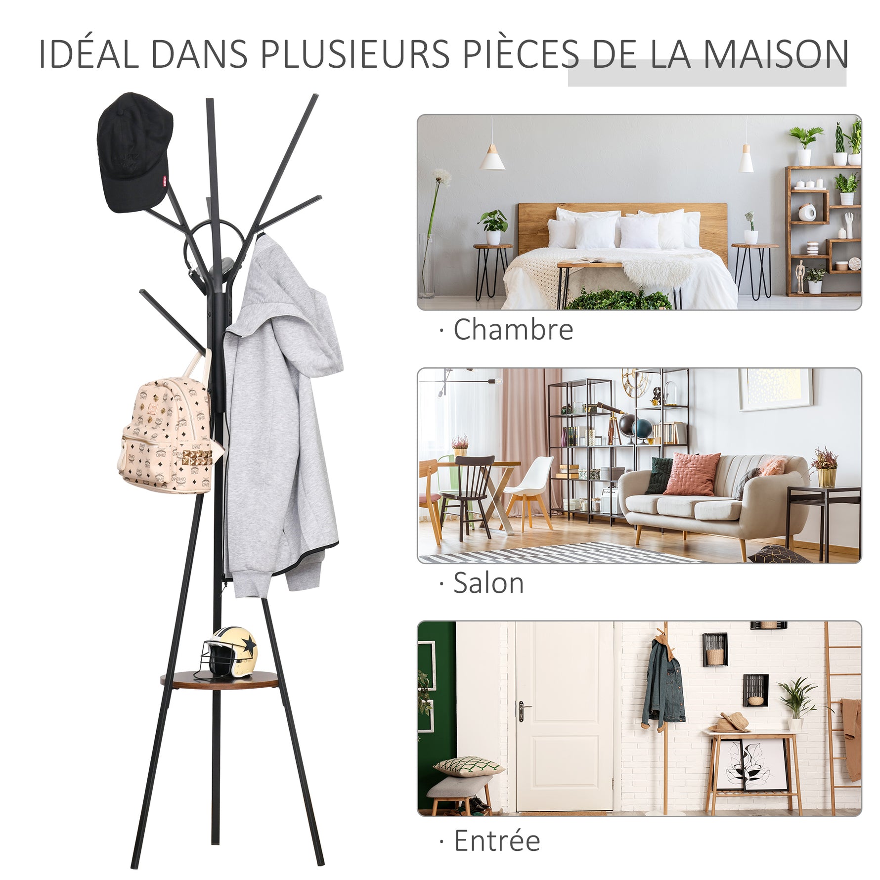 Porte-manteau trépied design contemporain branches étagère + 9 patères dim. 45L x 45l x 180H cm métal marron
