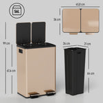 Poubelle de cuisine 2 compartiments de 2 x 28L, acier inoxydable, couvercle à fermeture douce, 45,8x36x67,6cm, or