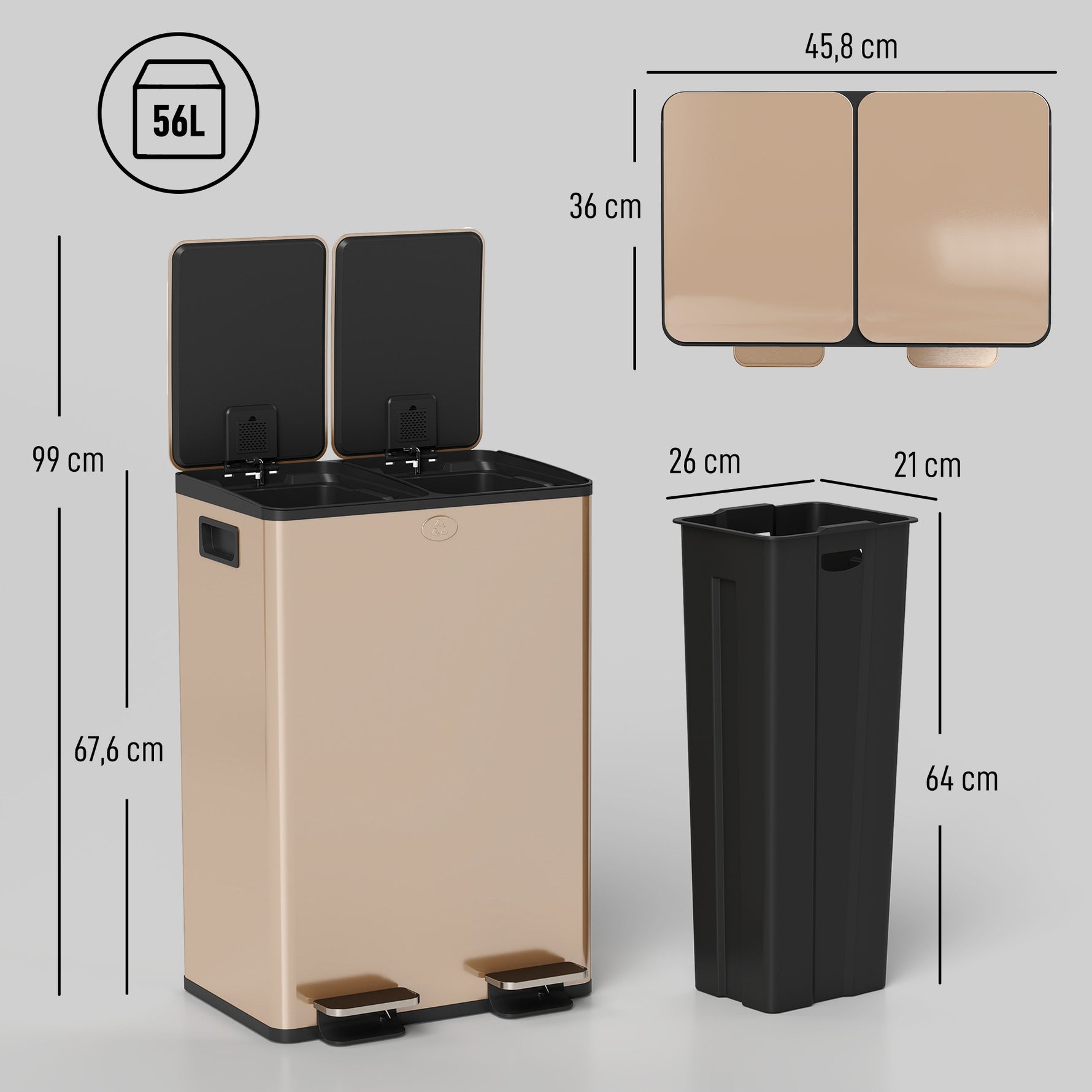 Poubelle de cuisine 2 compartiments de 2 x 28L, acier inoxydable, couvercle à fermeture douce, 45,8x36x67,6cm, or