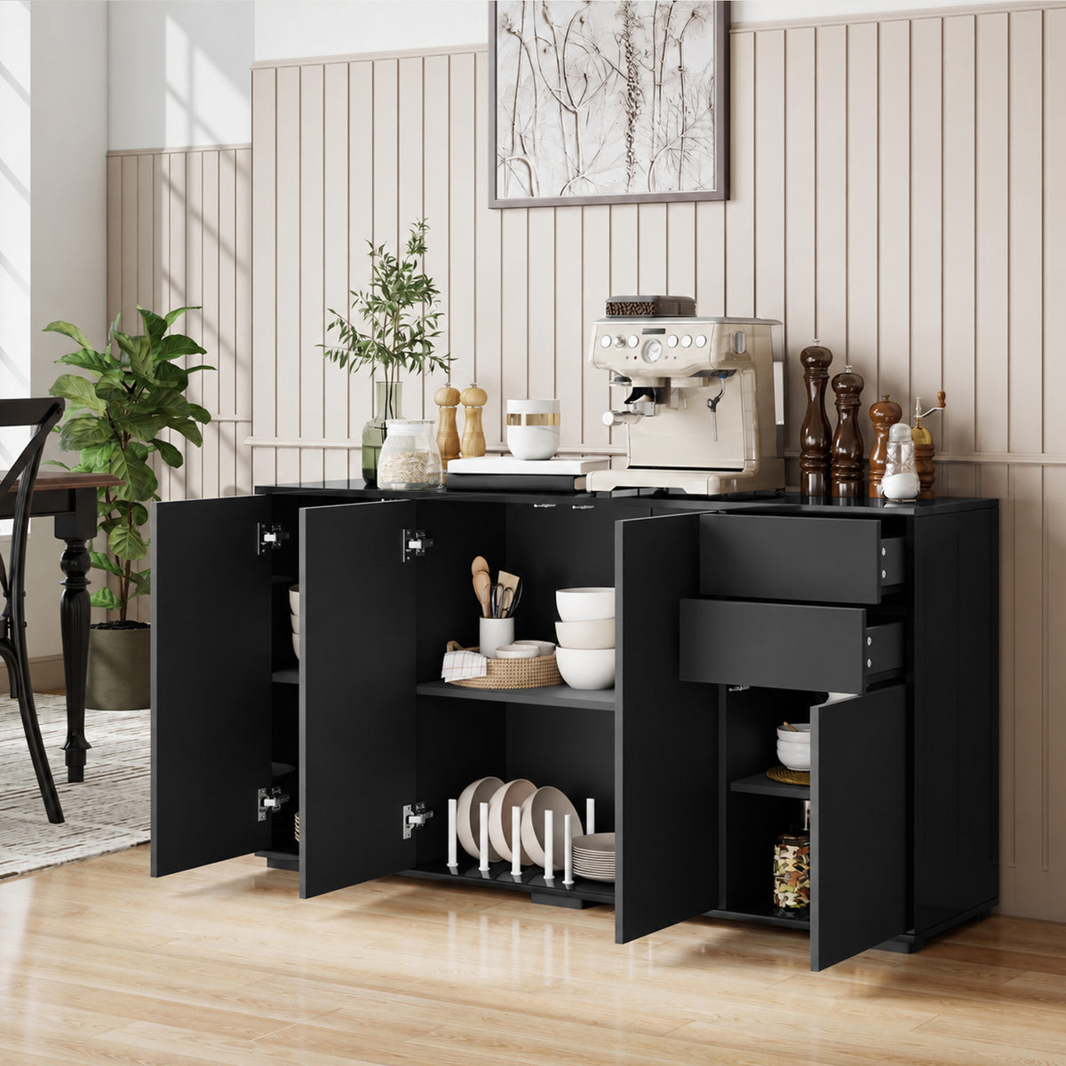 Buffet meuble de rangement 2 tiroirs coulissants 4 portes étagère réglable panneaux de particules 140 x 36 x 74 cm noir