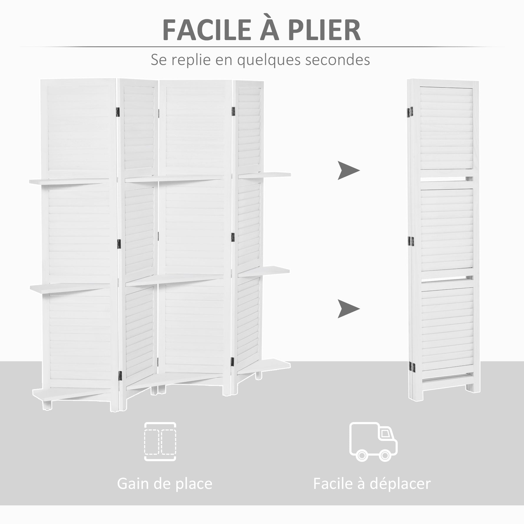 Paravent Intérieur en Bois 4 Panneaux 160 x 170 cm, Séparateur de Pièce Pliable avec 3 Étagères, Cloison de Séparation pour Salon, Chambre à Coucher, Maison, Blanc