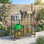 Organisateur d'Outils de Jardin en Acier à 3 Niveaux, 32 Emplacements, 4 Roues, 11 Crochets, 104x40x95cm, Noir