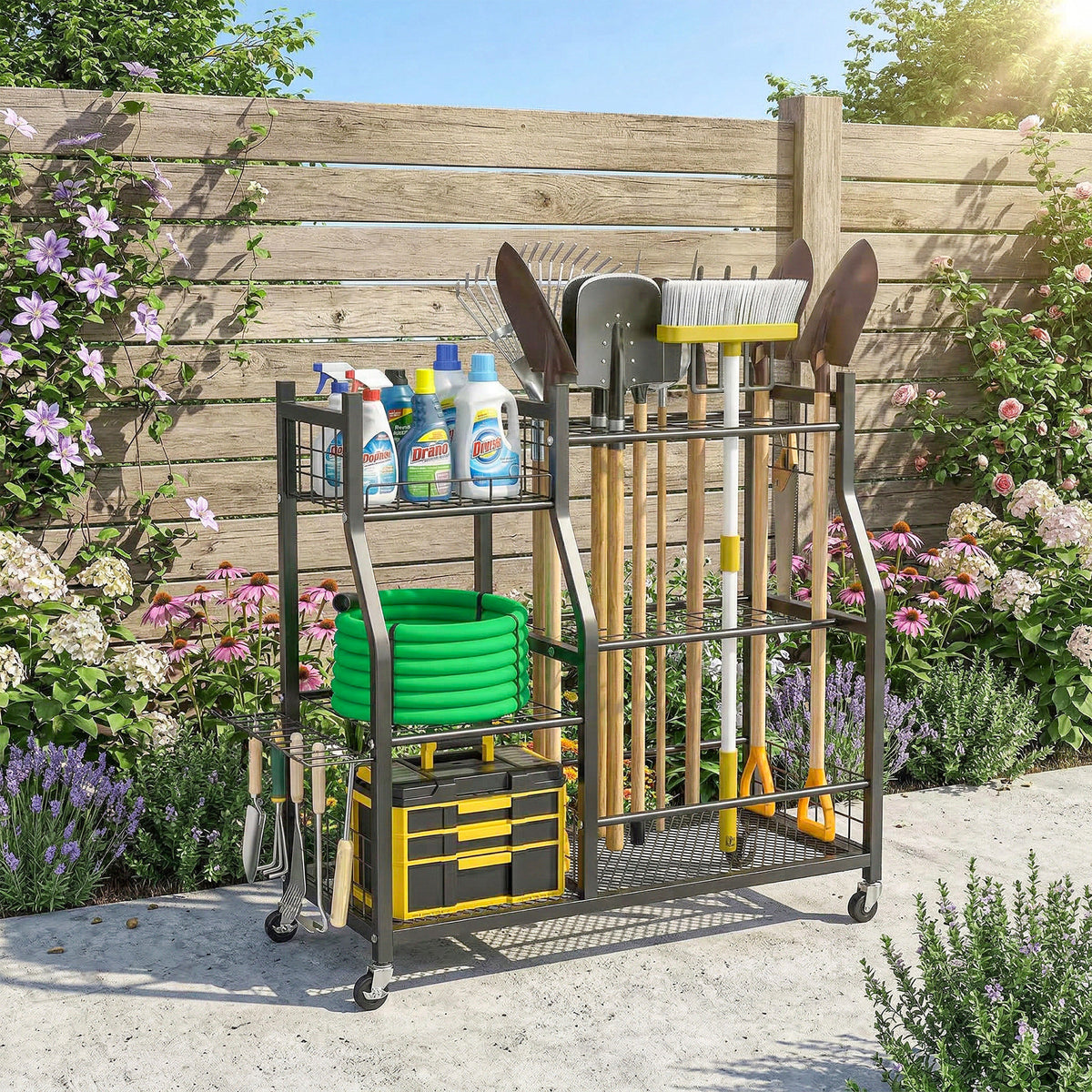 Organisateur d'Outils de Jardin en Acier à 3 Niveaux, 32 Emplacements, 4 Roues, 11 Crochets, 104x40x95cm, Noir