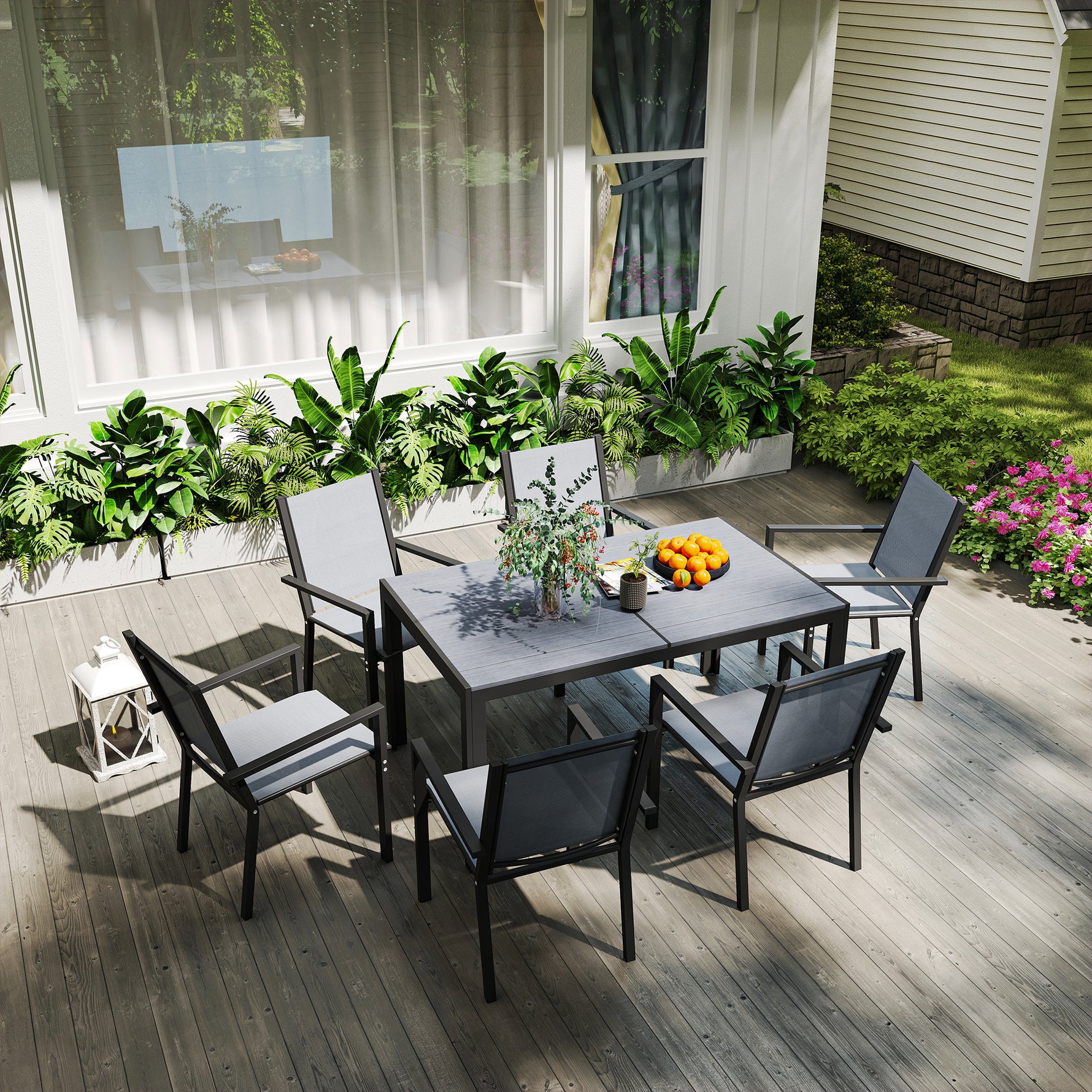 Ensemble de salle à manger de jardin pour 6 personnes salon de jardin extérieur cadres en acier chaises empilables gris