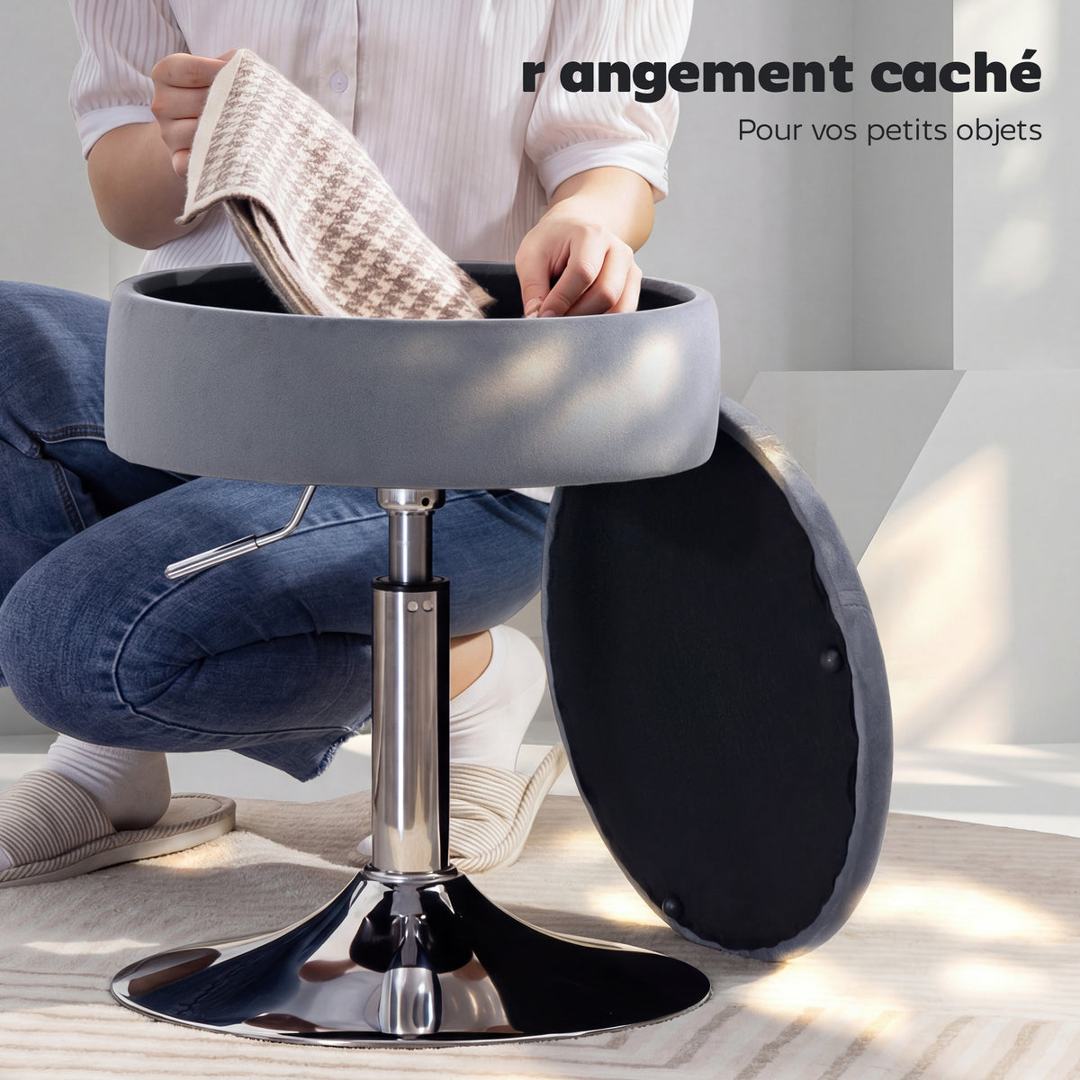 Sgabello da toeletta in velluto, sgabello da trucco girevole con vano portaoggetti, altezza regolabile da 49-65 cm, grigio