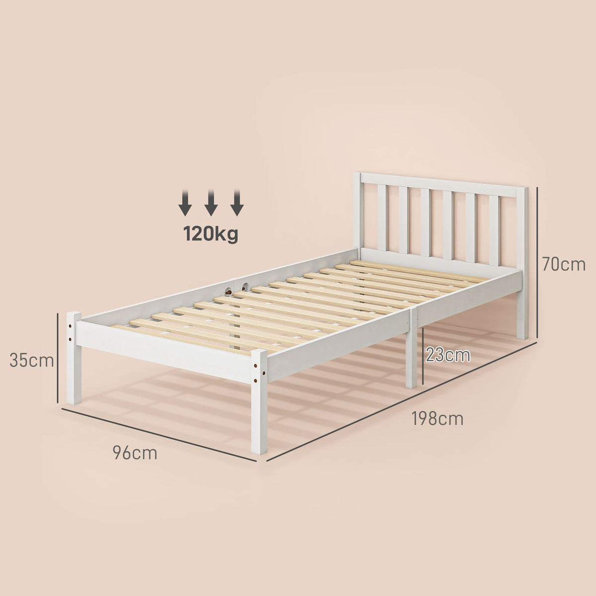 Estructura de cama de madera maciza 90x190 cm, cama individual con cabecero y somier de láminas resistente para niños y adultos