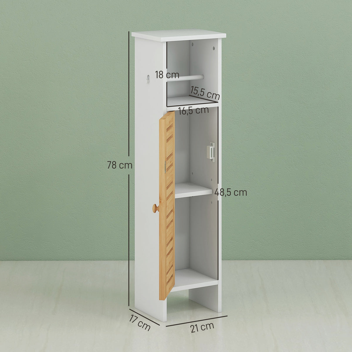 Meuble de salle de bain avec support papier toilette barre amovible 3 Niveaux + Sortie Papier, 78H cm, Bambou blanc