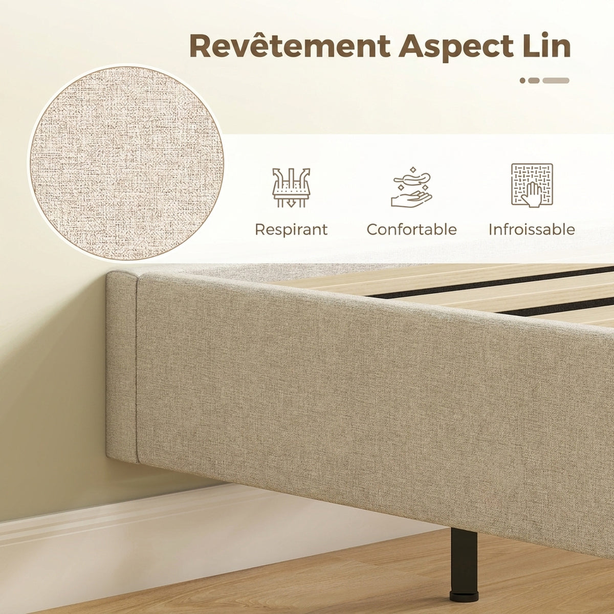 Lit Flottant 160 x 200 cm avec Éclairage LED Intelligent, Cadre de Lit Double Rembourré en Lin, Montage Facile, Beige