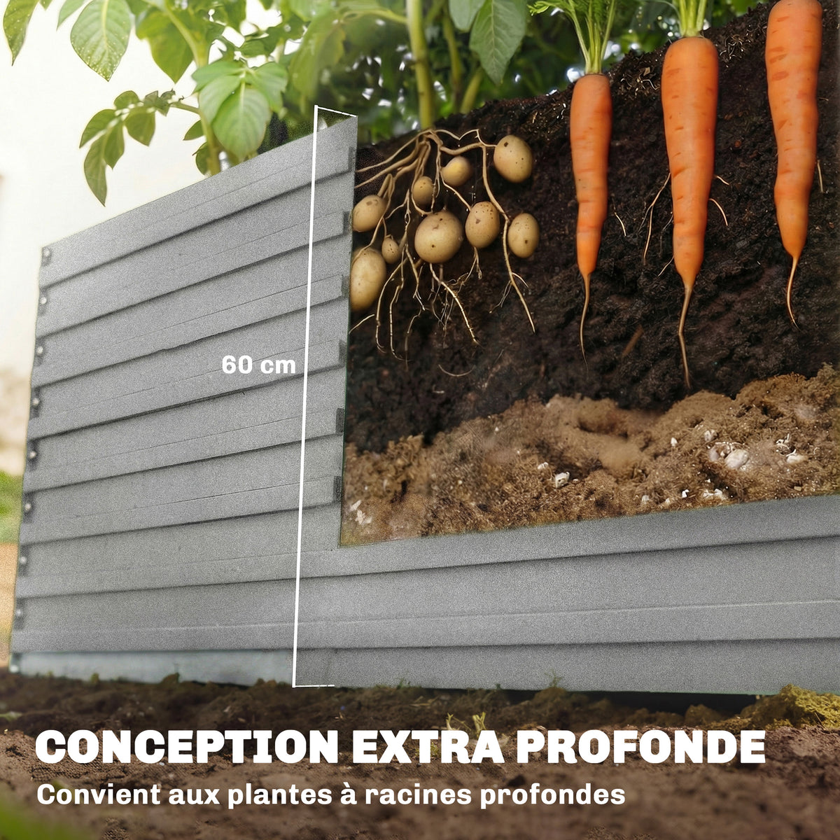 Jardinière extérieure, jardinière surélevée galvanisée bordure de sécurité et fond ouvert 240 x 120 x 60 cm gris argenté
