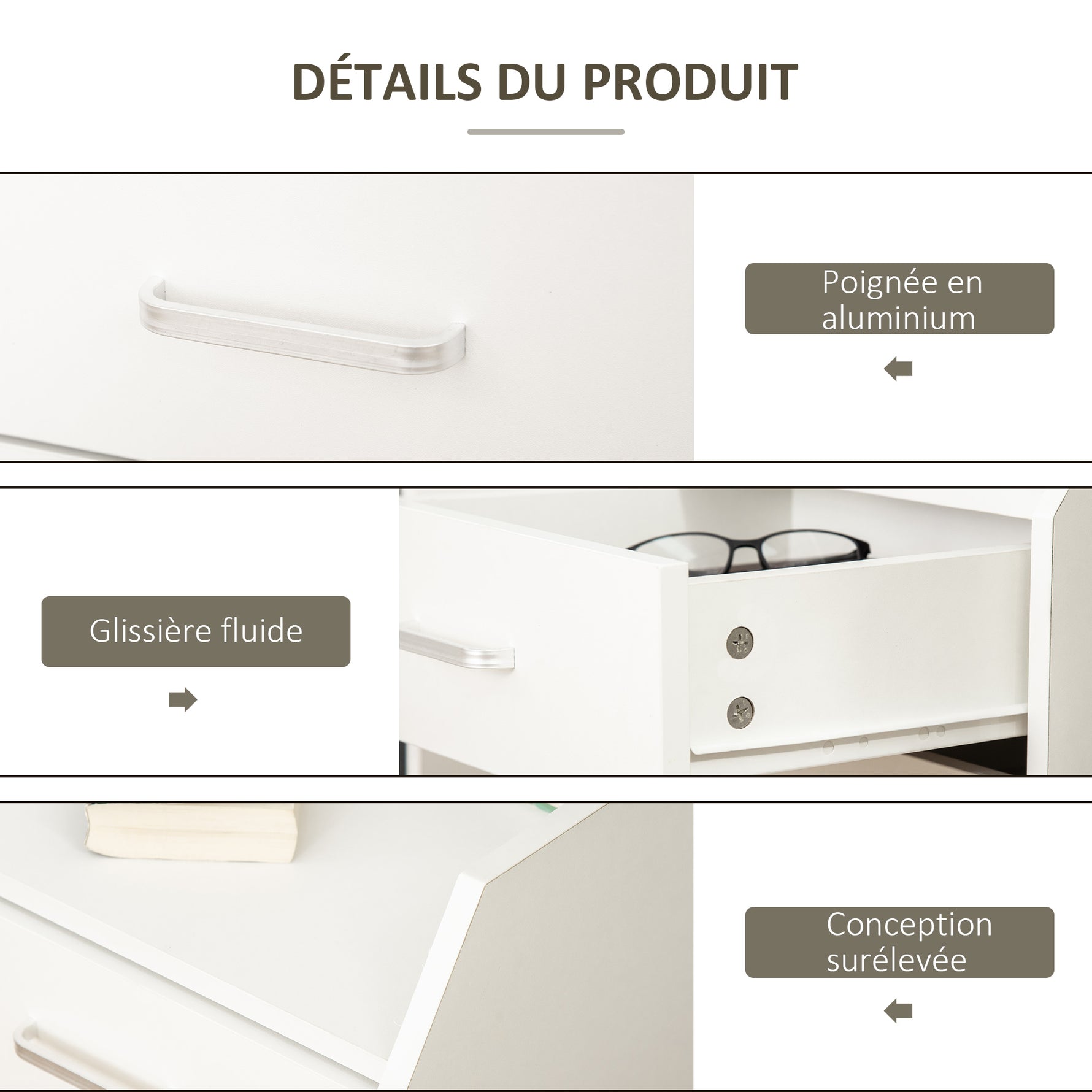 Caisson de bureau rangement sur roulettes 4 tiroirs coulissants MDF et panneaux de particules dim. 40L x 36l x 65H cm blanc