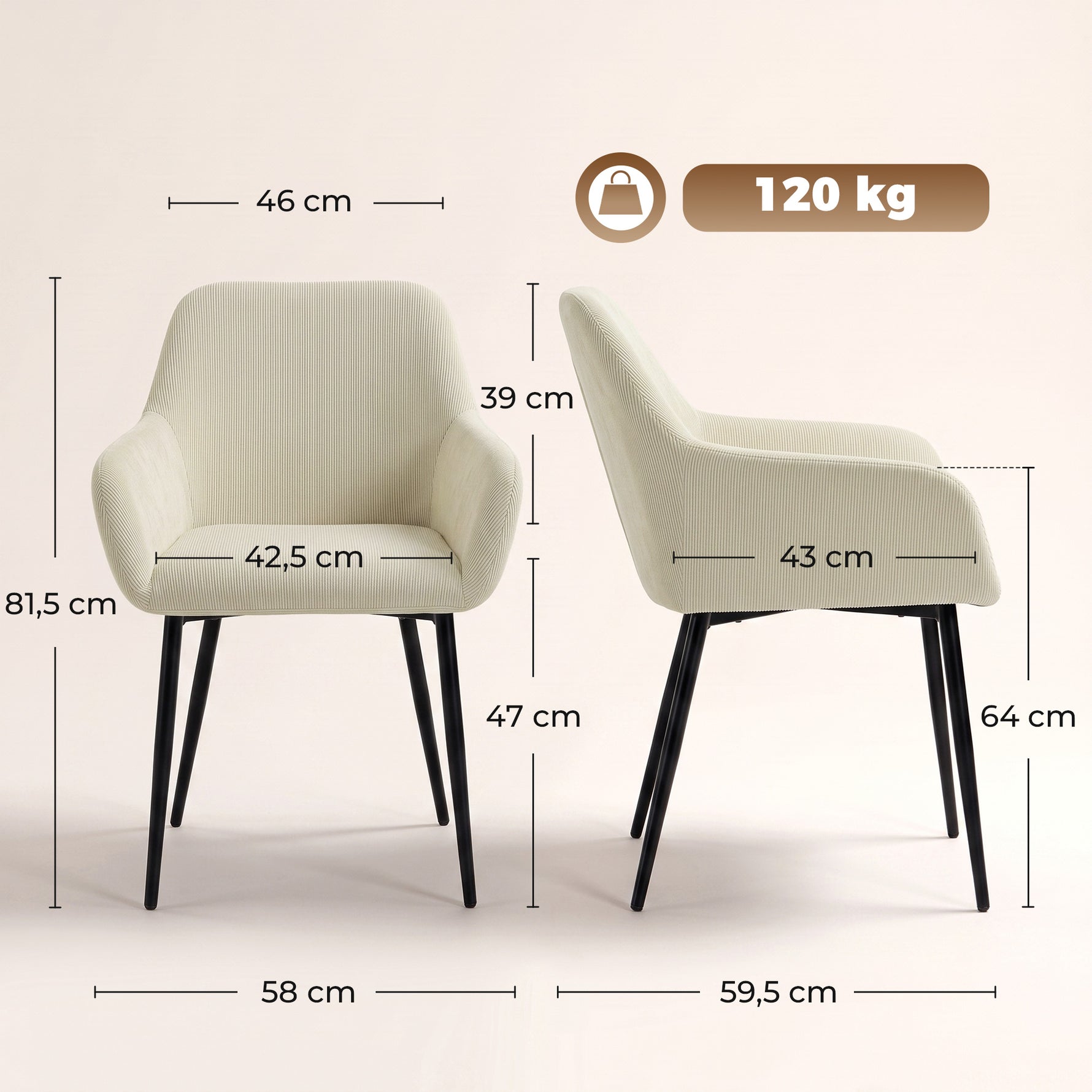 Lot de 2 chaises de salle à manger, chaises de cuisine rembourrées en velours côtelé avec accoudoirs et dossier, crème