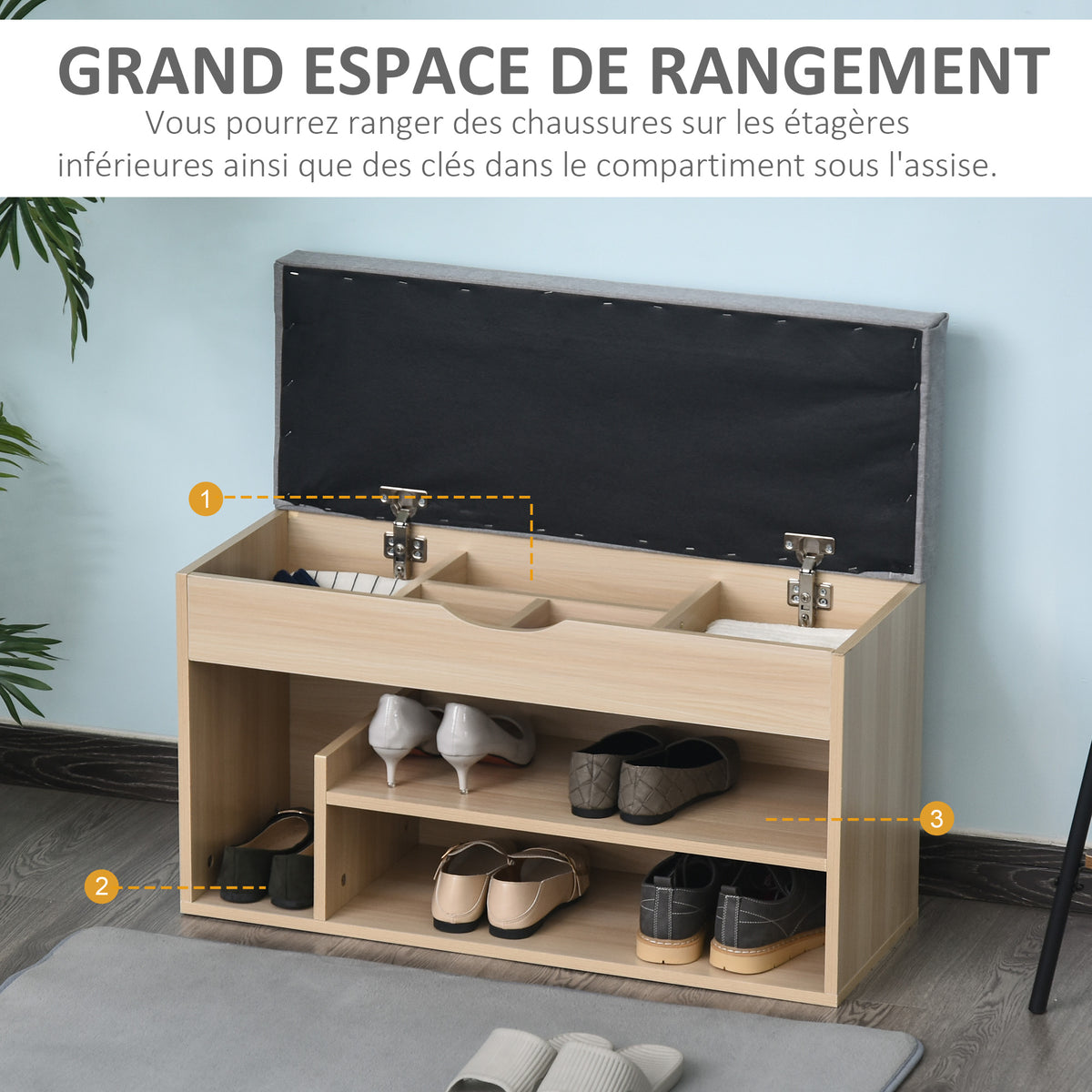 Scarpiera a panca con 2 ripiani, vano a giorno + contenitore integrato con cuscino beige grigio