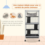 Cage pour Petits Animaux Portable à 4 Niveaux avec Roulettes, 2 Portes, 3 Rampes, Hamac et Plateau Amovible