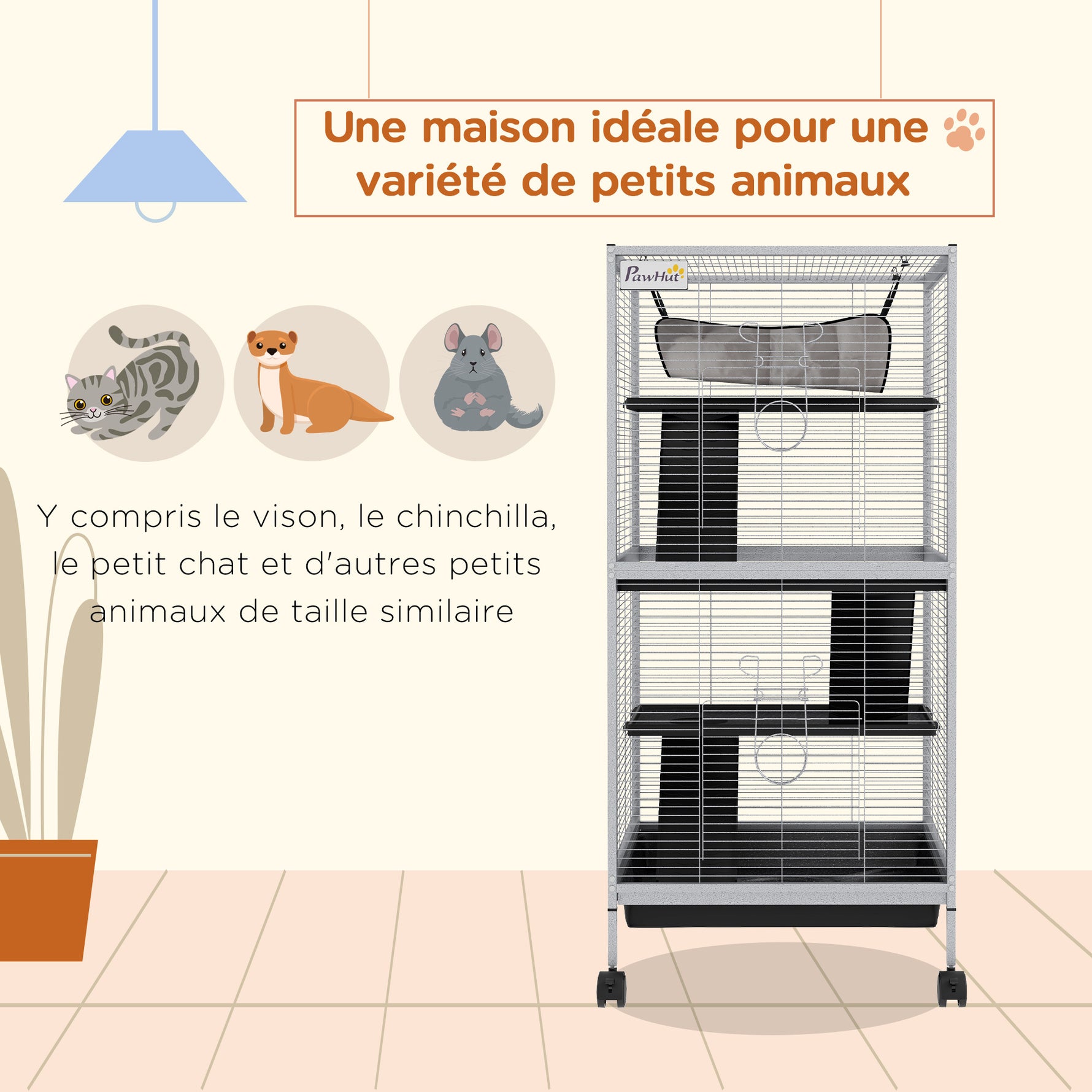 Cage pour Petits Animaux Portable à 4 Niveaux avec Roulettes, 2 Portes, 3 Rampes, Hamac et Plateau Amovible