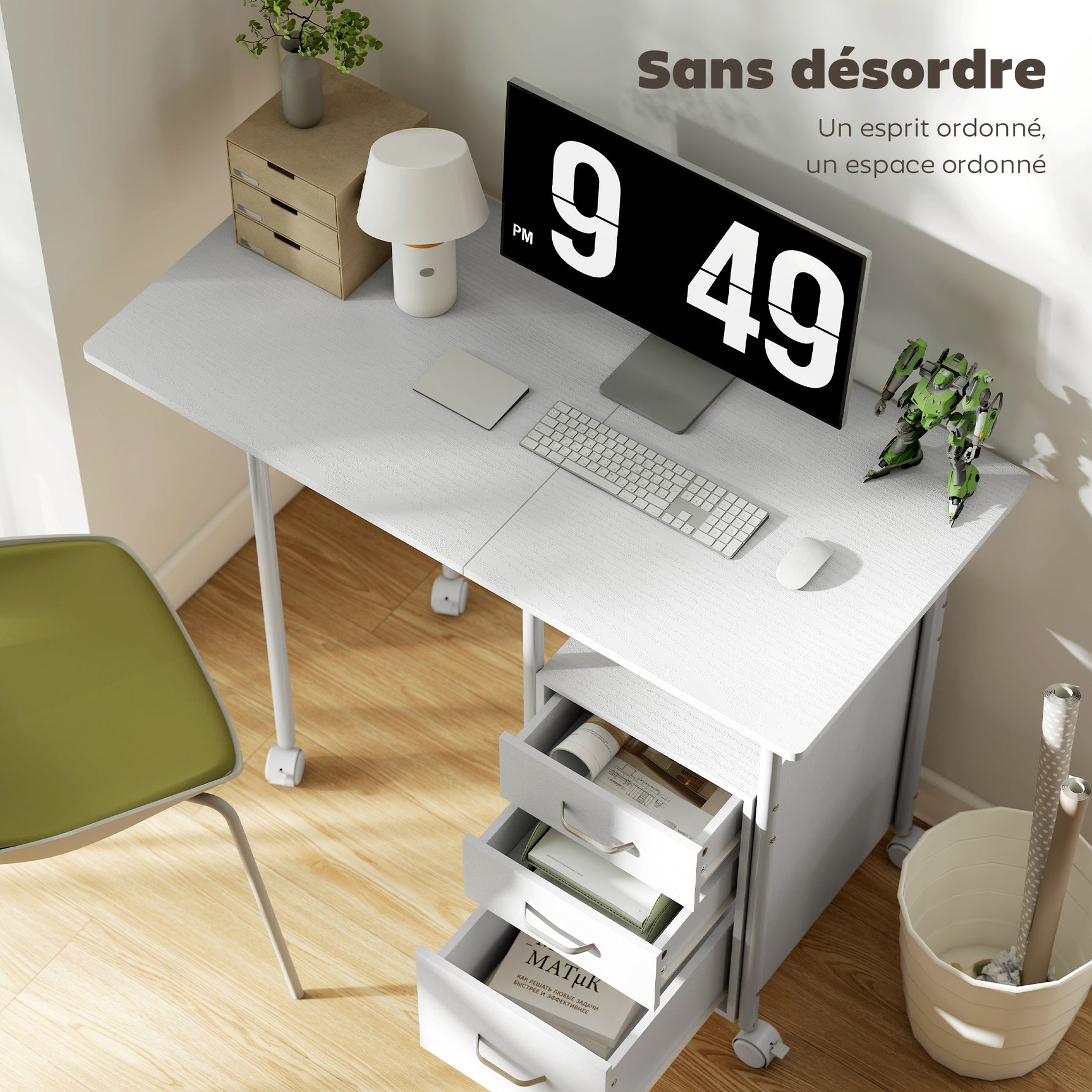 Bureau d'ordinateur pliable sur roulettes, bureau avec rangement, 3 tiroirs, plateau extensible, 105x51x75,5cm, blanc